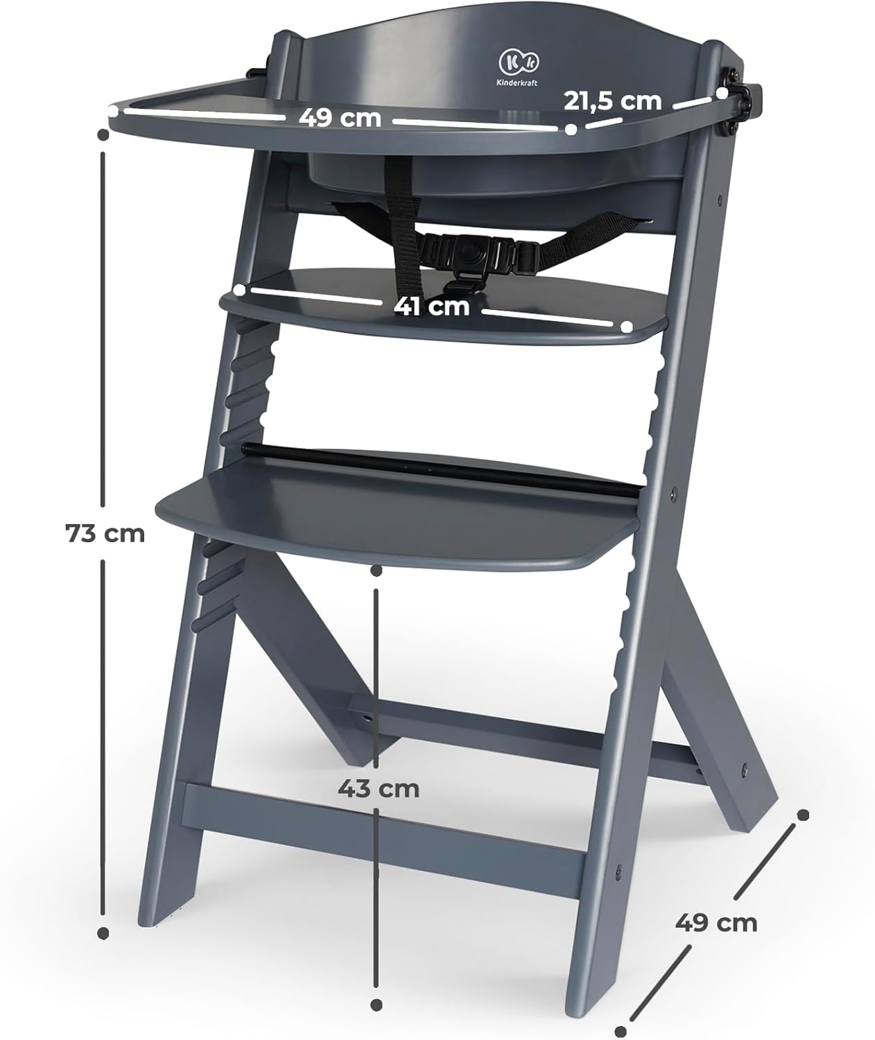 Kinderkraft ENOCK Trona bebé de Madera + Hamaca Bebé CALMEE, portatil, para niños, Silla alta Infantil, Evolutiva, Ergonómica, Barrera y Bandeja, Gris