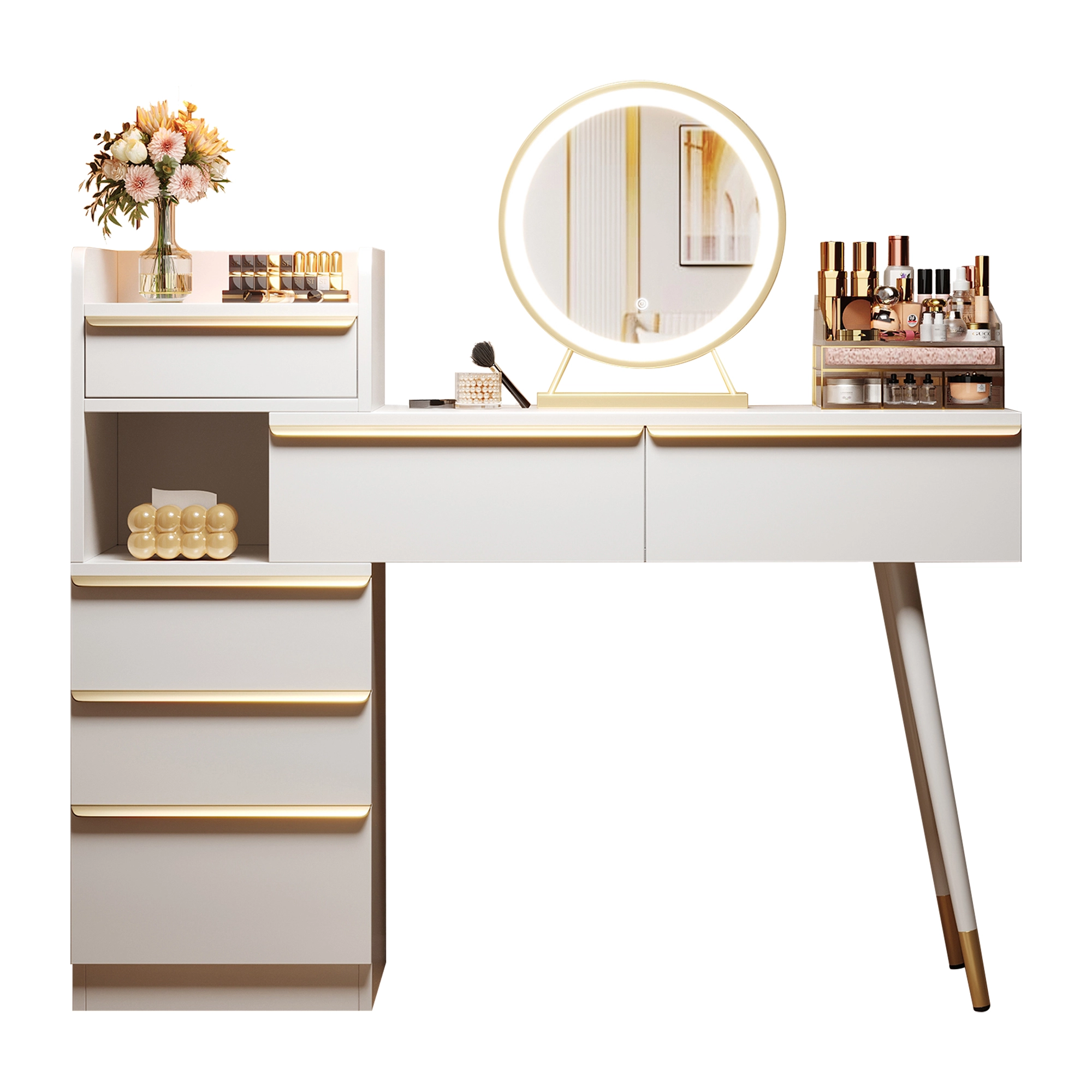 Tocador con espejo LED - 6 amplios cajones + mueble auxiliar - 100 x 41,5 x 102 cm - Tablero de partículas - Blanco