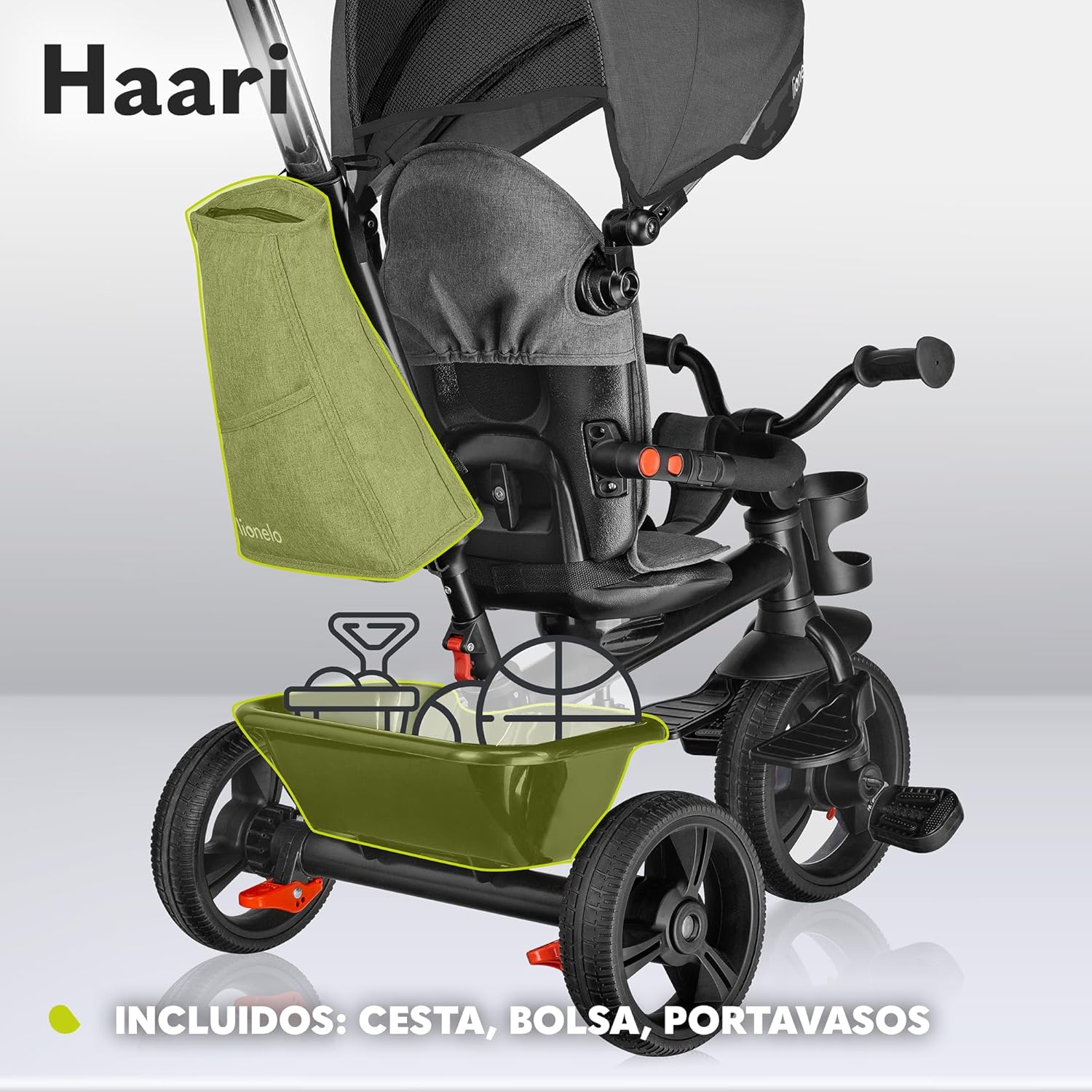 LIONELO Haari Bicicleta 2 en 1 Menores hasta 25 kg 1,5-5 años Triciclo- Carrito Cesta espaciosa, Bolsa y portavasos Cinturones de 3 Puntos con Fundas Toldo Reposapiés Gris