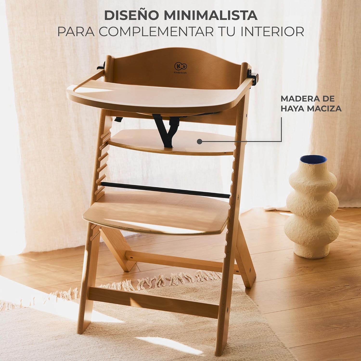 Kinderkraft ENOCK Trona bebé de Madera + Hamaca Bebé CALMEE, portatil, para niños, Silla alta Infantil, Evolutiva, Ergonómica, Barrera y Bandeja, Gris