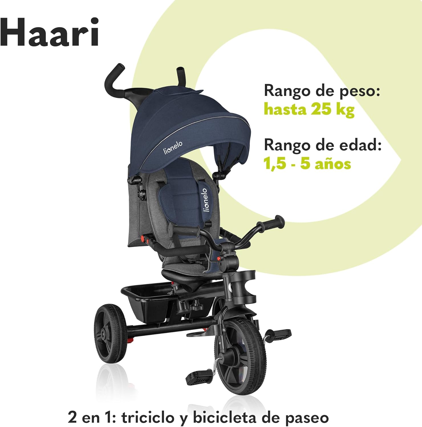 LIONELO Haari Bicicleta 2 en 1 Menores hasta 25 kg 1,5-5 años Triciclo- Carrito Cesta espaciosa, Bolsa y portavasos Cinturones de 3 Puntos con Fundas Toldo Reposapiés Gris