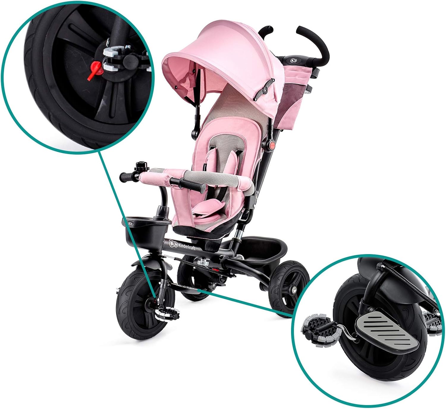 Kinderkraft AVEO Triciclo Bebé, Plegable, Trike, Bicicleta para Niños, Triciclo Evolutivo, Triciclo Sin Pedales, Bicicleta Bebe, Con Accesorios Práctico, Dos Cestas, 9 Meses a 25 kg, Rosa