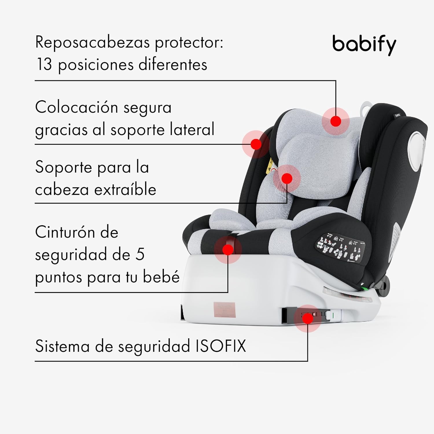 Babify Onboard Silla de Coche Isofix para Bebés y Niños, 0 Meses - 12 Años, Apta Desde 40-150 cm, Ajustable 360º, Asiento Portátil y Seguro i-Size ECE R129 - Black edition