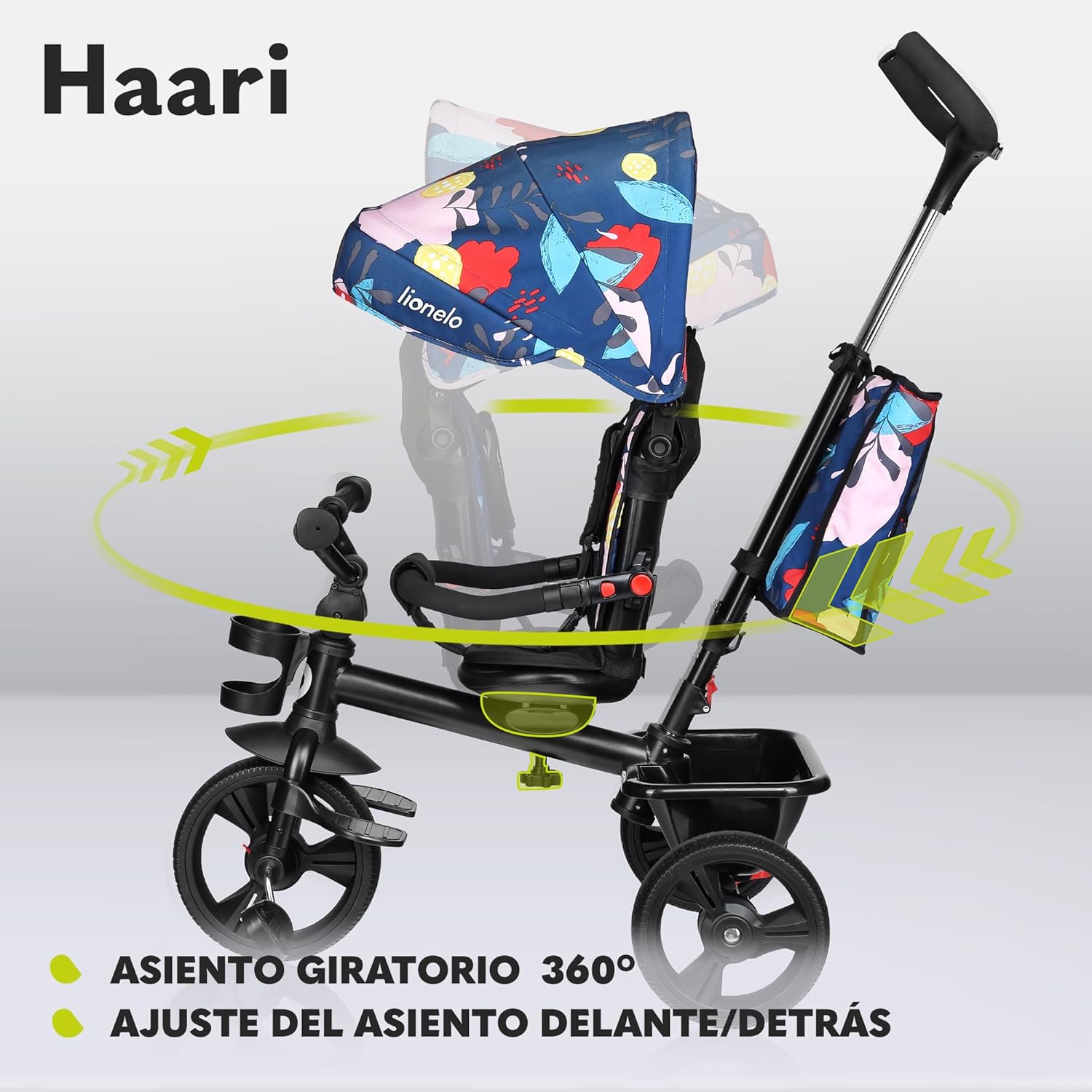 LIONELO Haari Bicicleta 2 en 1 Menores hasta 25 kg 1,5-5 años Triciclo- Carrito Cesta espaciosa, Bolsa y portavasos Cinturones de 3 Puntos con Fundas Toldo Reposapiés Gris