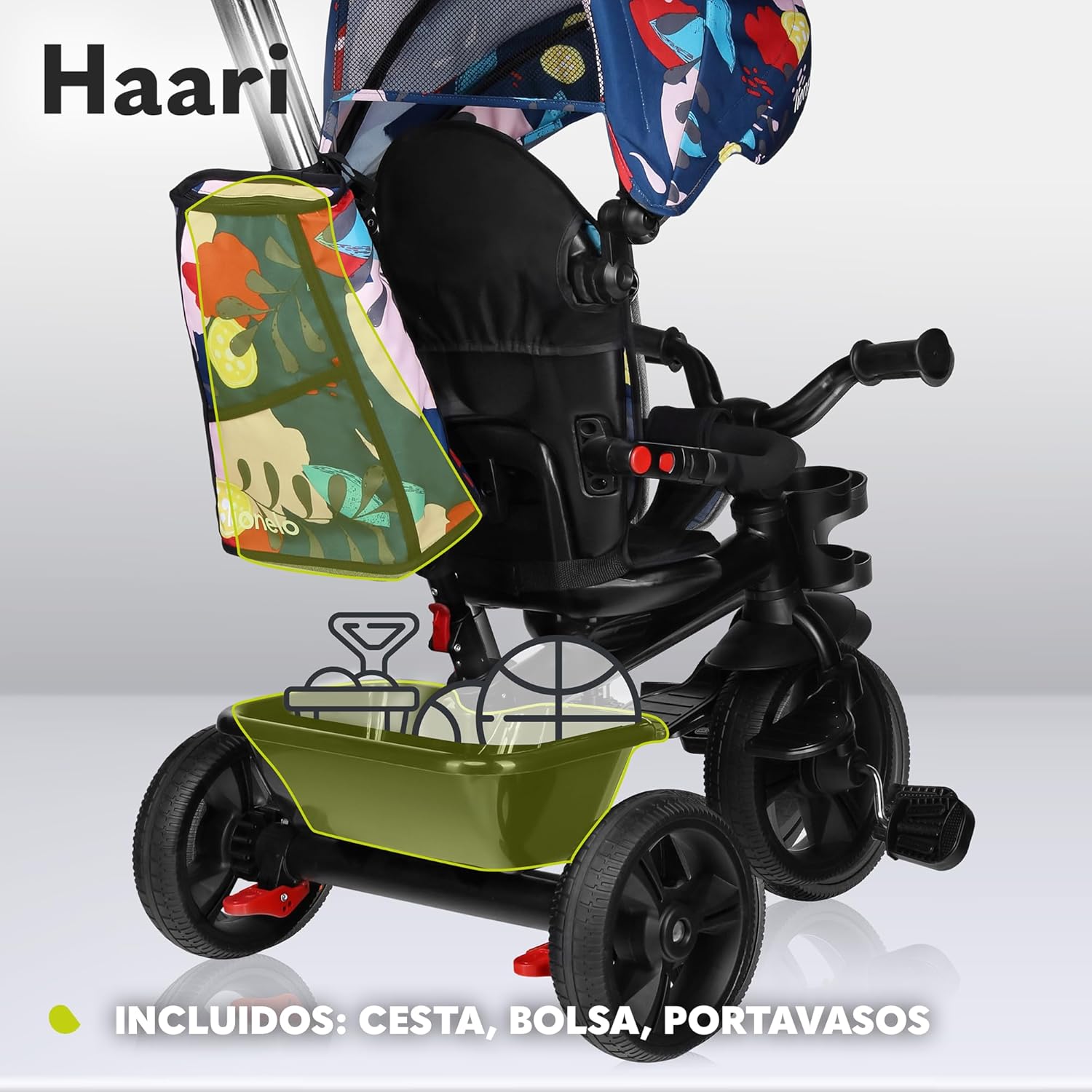 LIONELO Haari Bicicleta 2 en 1 Menores hasta 25 kg 1,5-5 años Triciclo- Carrito Cesta espaciosa, Bolsa y portavasos Cinturones de 3 Puntos con Fundas Toldo Reposapiés Gris