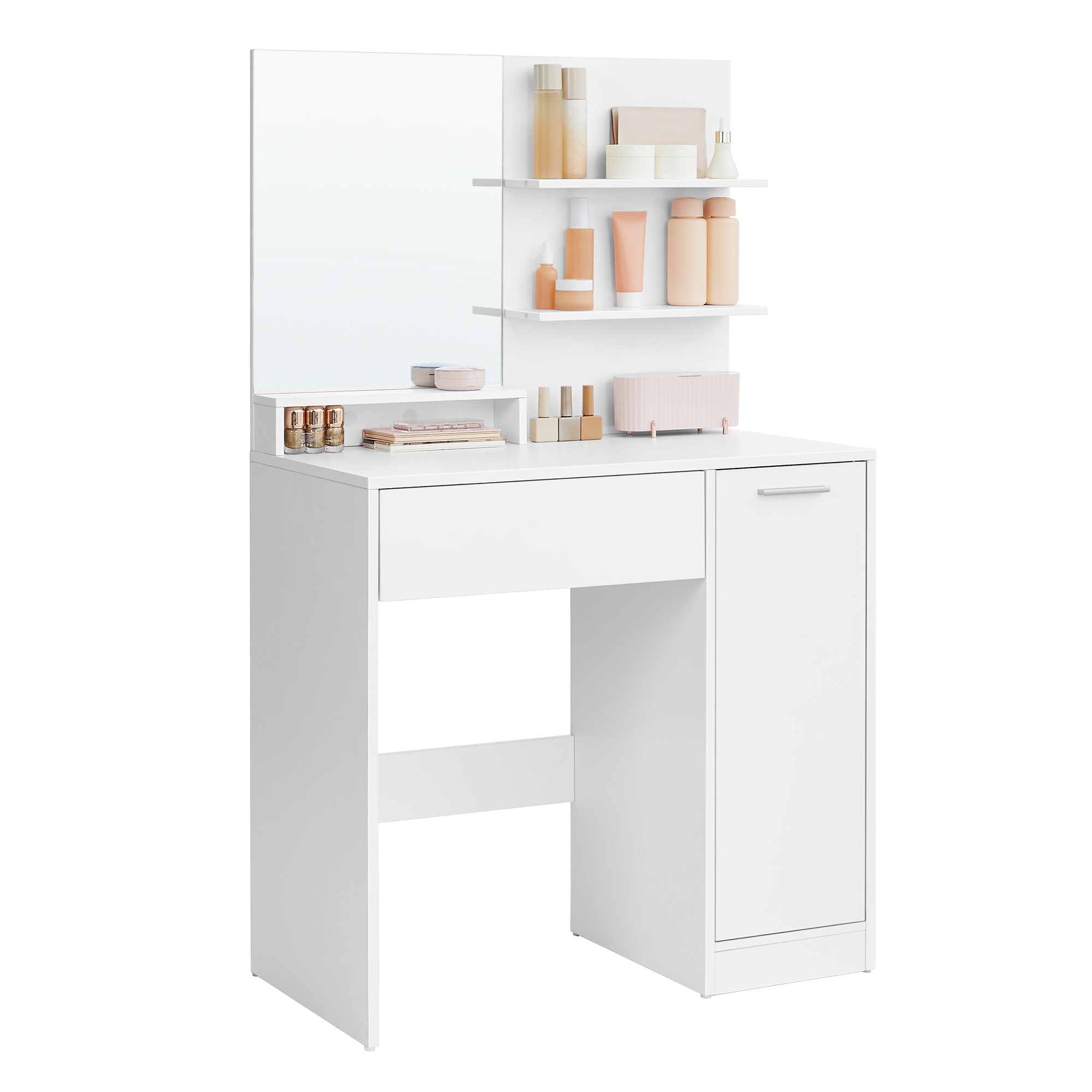 Tocador blanco moderno con espejo grande, organizador integrado y estantes ajustables, funcional y elegante