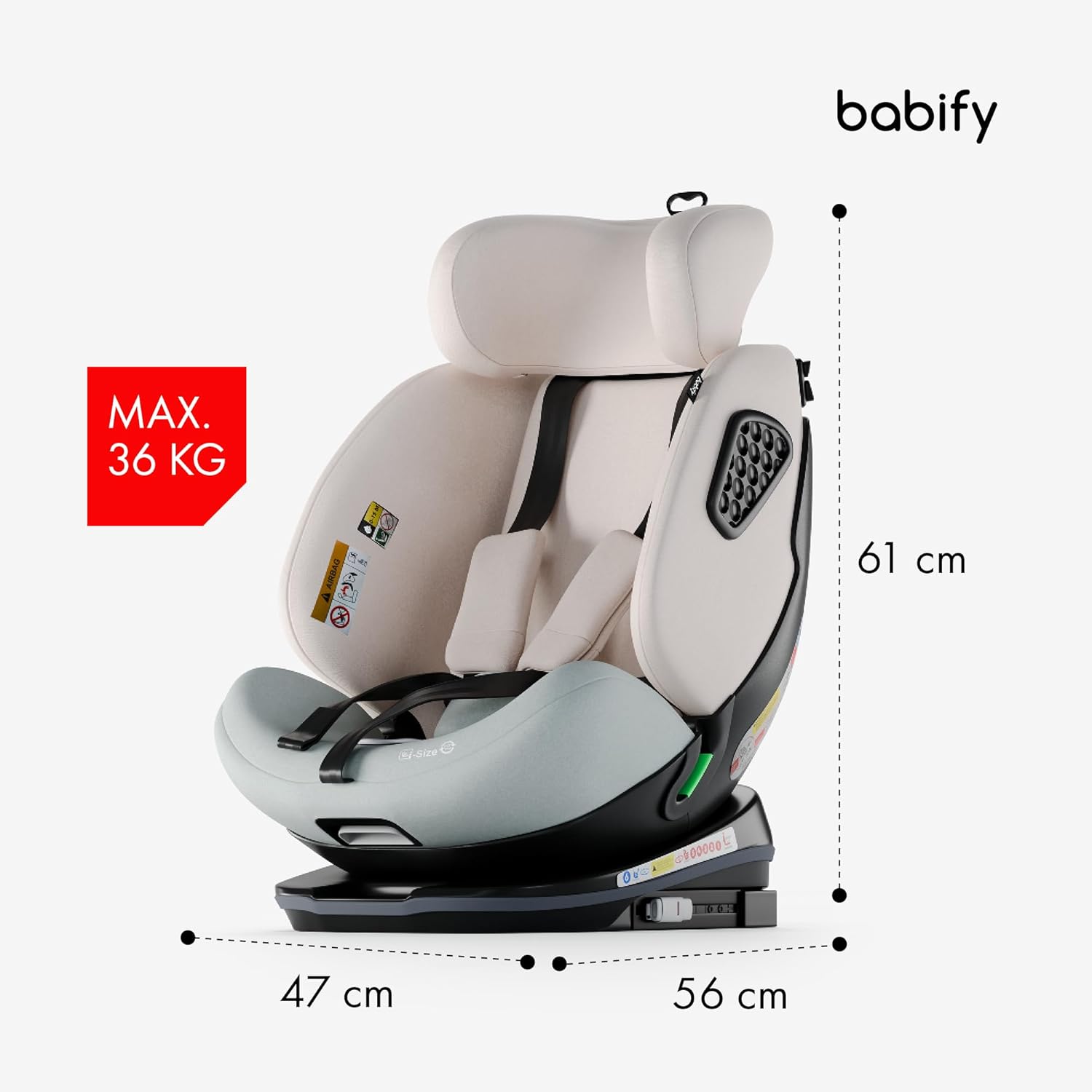 Babify Onboard Silla de Coche Isofix para Bebés y Niños, 0 Meses - 12 Años, Apta Desde 40-150 cm, Ajustable 360º, Asiento Portátil y Seguro i-Size ECE R129 - Black edition