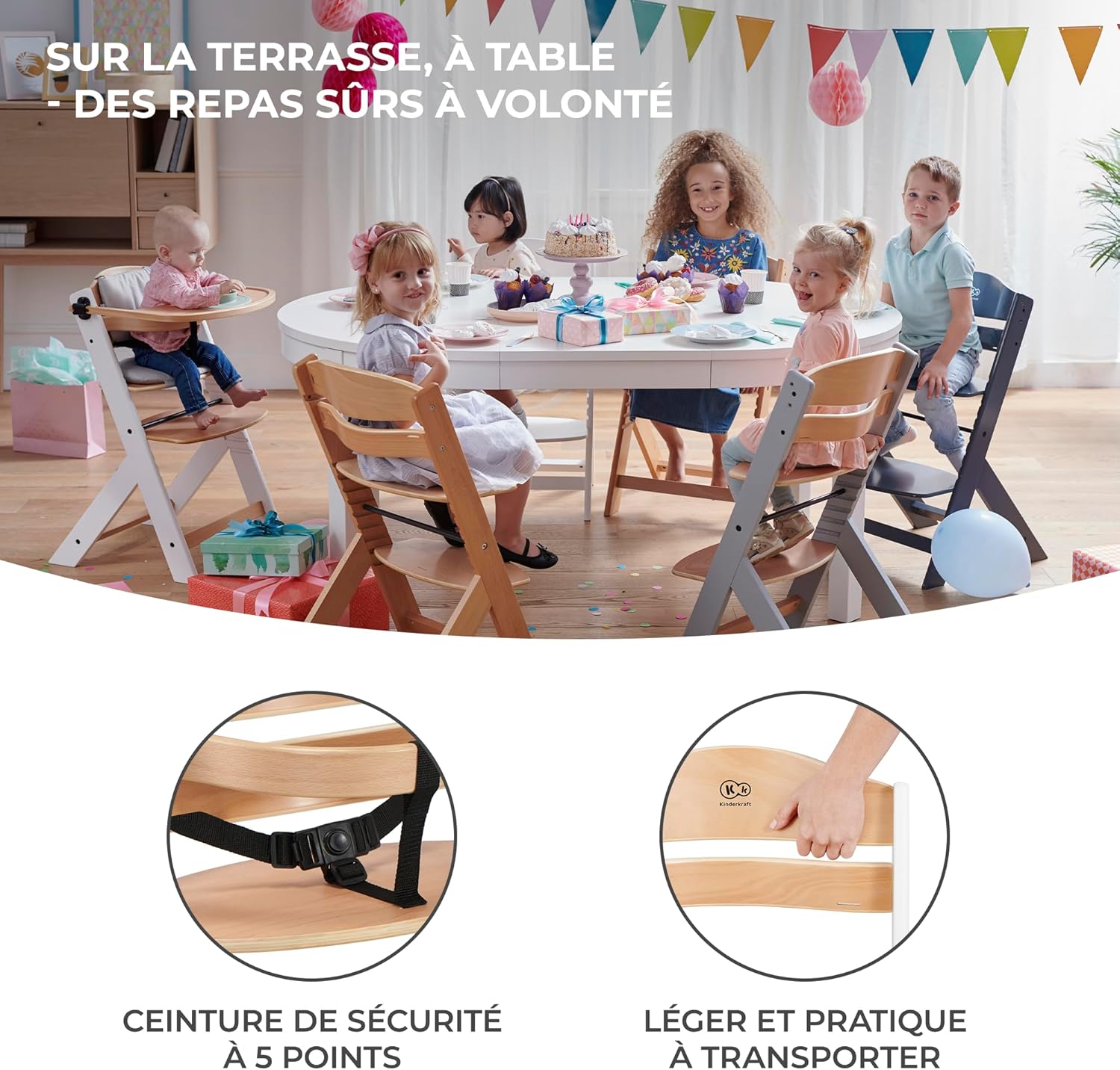 Kinderkraft ENOCK Trona bebé de Madera + Hamaca Bebé CALMEE, portatil, para niños, Silla alta Infantil, Evolutiva, Ergonómica, Barrera y Bandeja, Gris