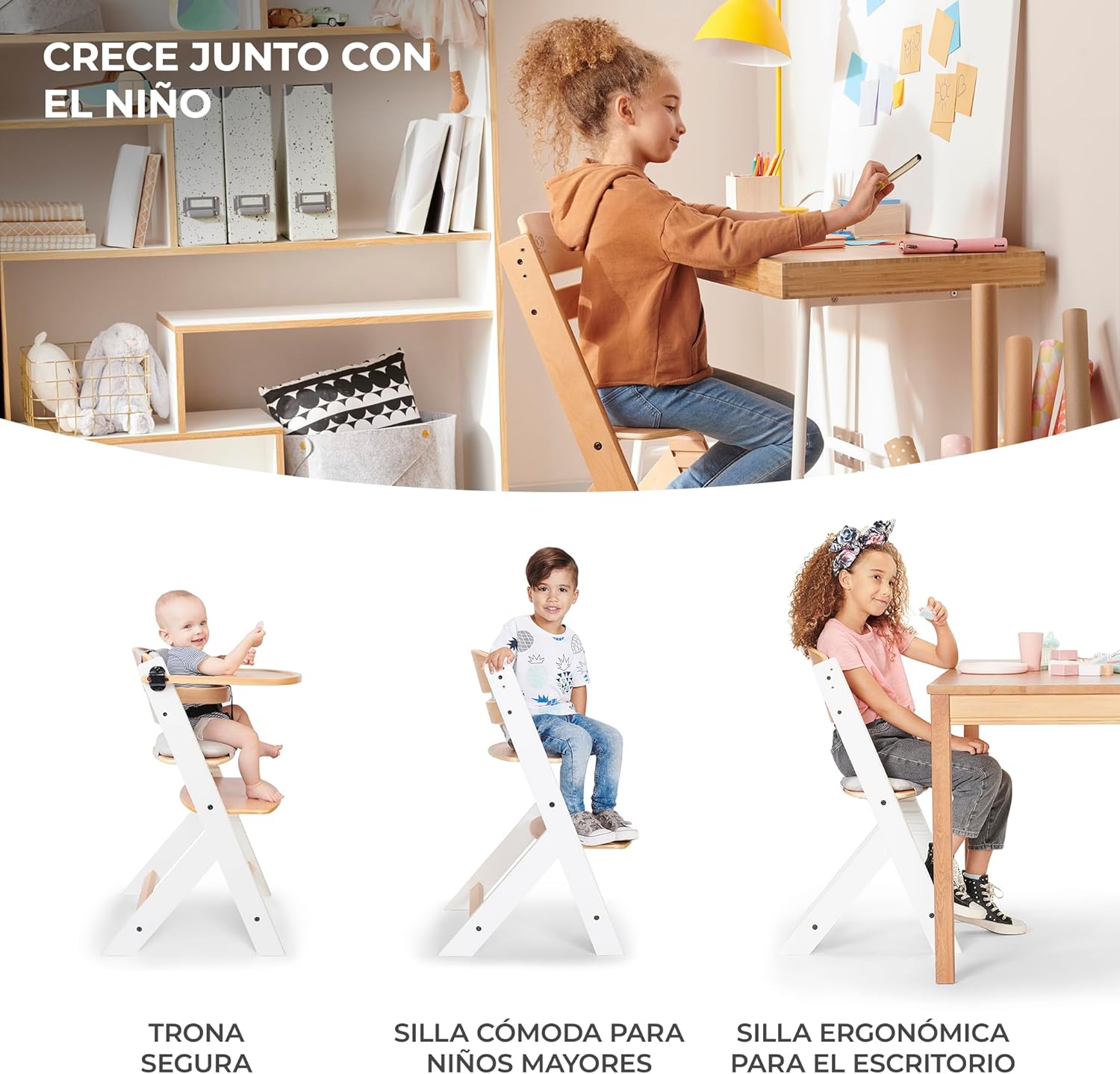Kinderkraft ENOCK Trona bebé de Madera + Hamaca Bebé CALMEE, portatil, para niños, Silla alta Infantil, Evolutiva, Ergonómica, Barrera y Bandeja, Gris