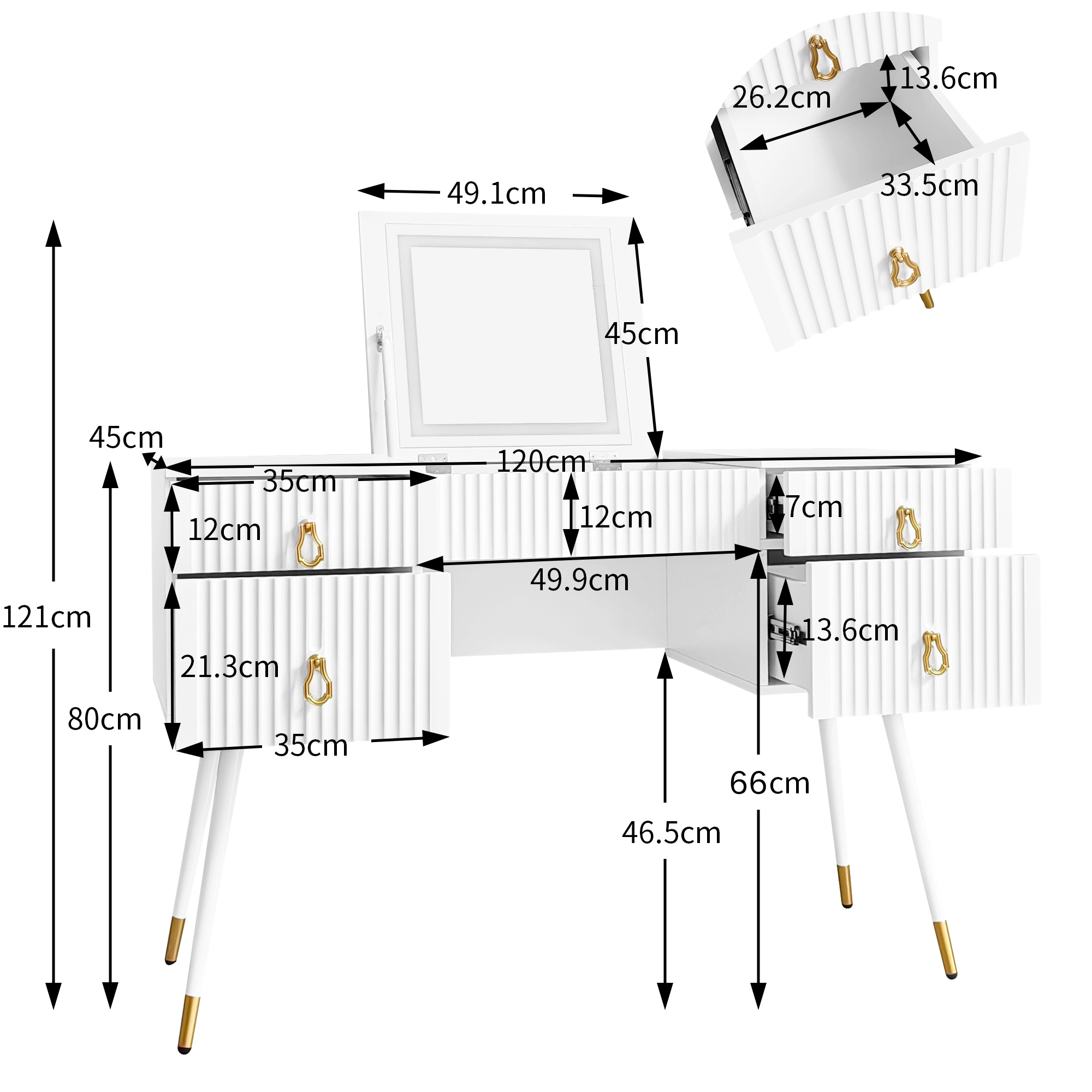 Cómoda blanca (sin silla), espejo LED de brillo ajustable, accesorios dorados de lujo, con 4 cajones