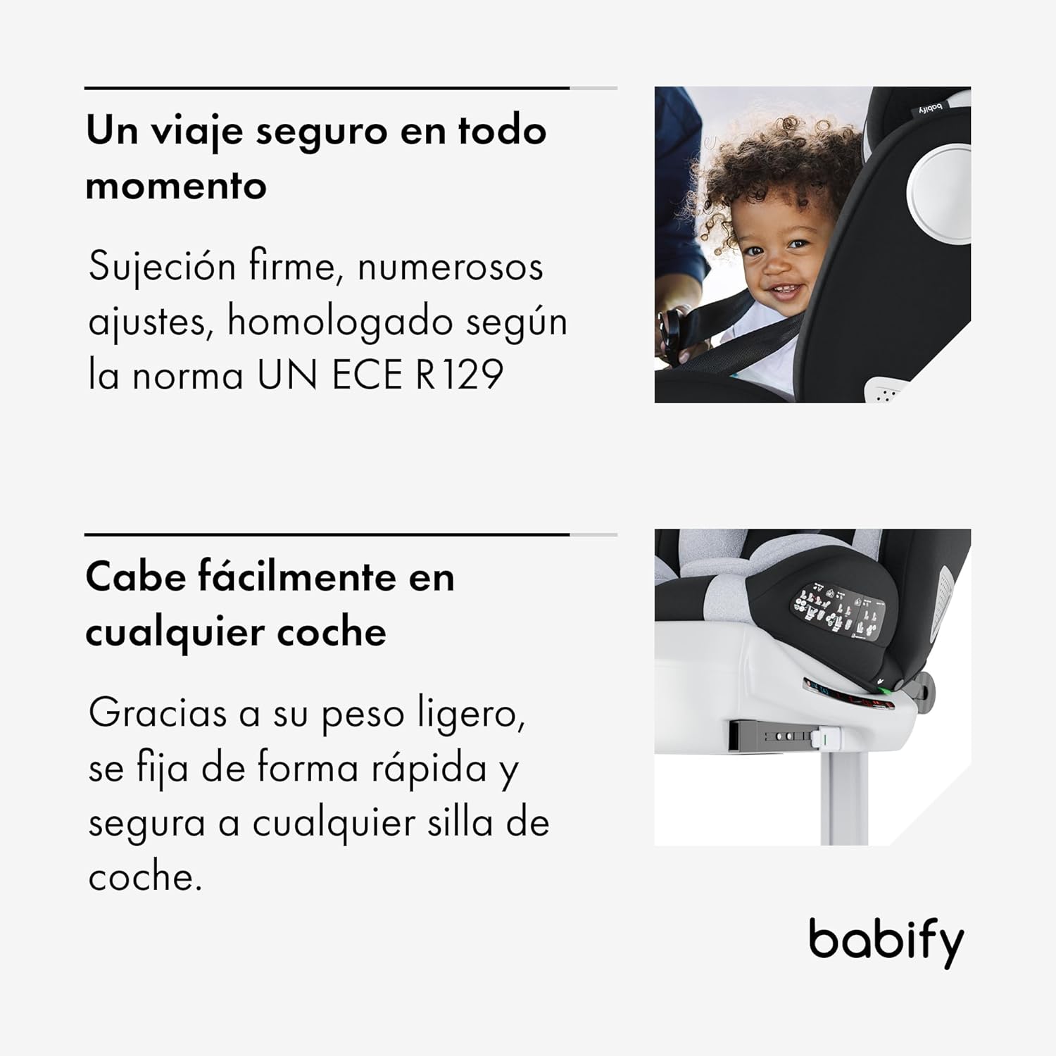 Babify Onboard Silla de Coche Isofix para Bebés y Niños, 0 Meses - 12 Años, Apta Desde 40-150 cm, Ajustable 360º, Asiento Portátil y Seguro i-Size ECE R129 - Black edition