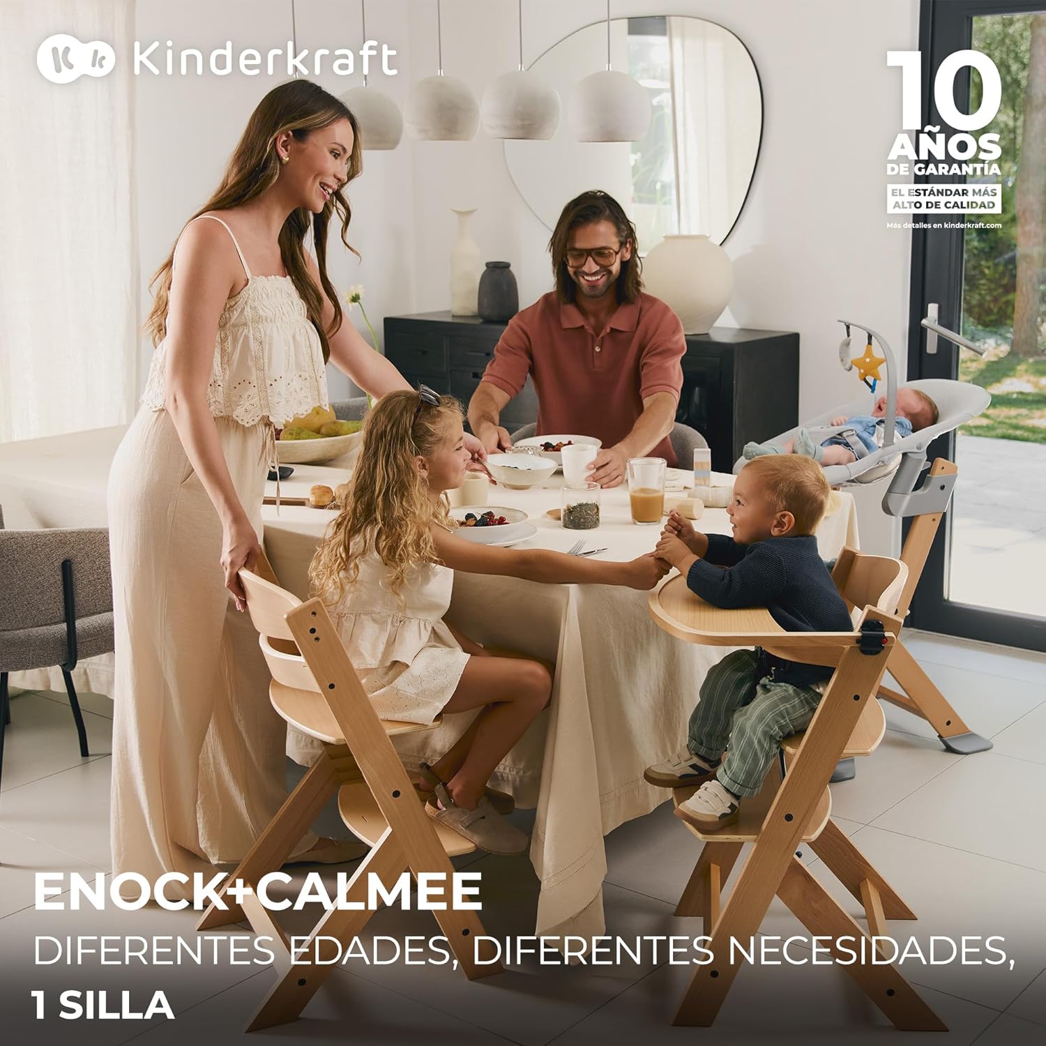 Kinderkraft ENOCK Trona bebé de Madera + Hamaca Bebé CALMEE, portatil, para niños, Silla alta Infantil, Evolutiva, Ergonómica, Barrera y Bandeja, Gris