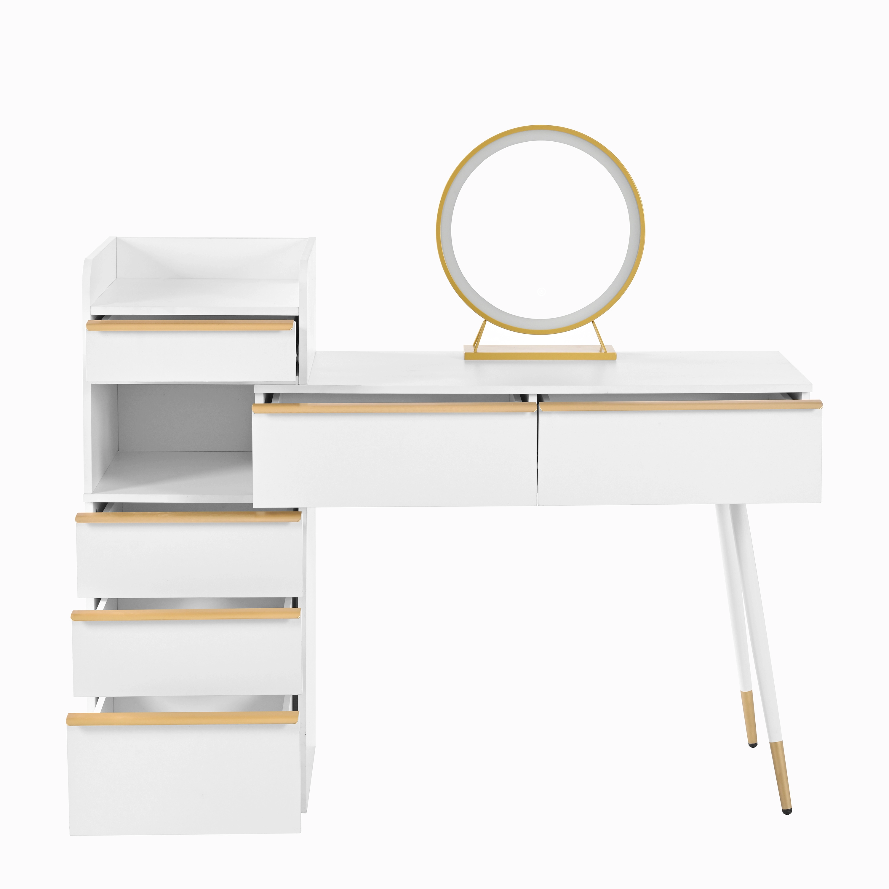 Tocador con espejo LED - 6 amplios cajones + mueble auxiliar - 100 x 41,5 x 102 cm - Tablero de partículas - Blanco