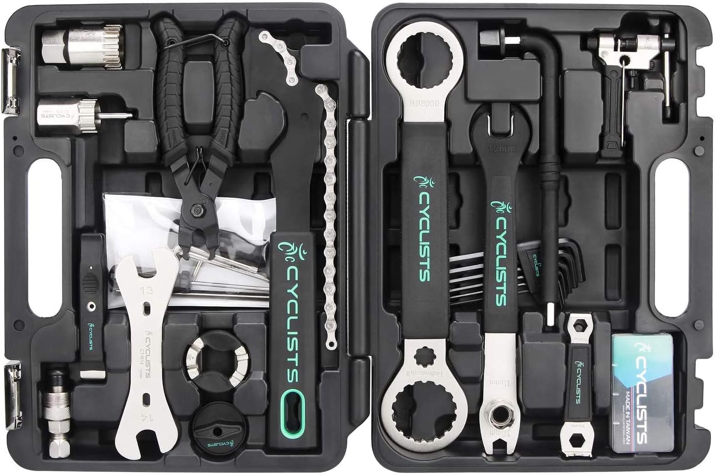 cyclists Juego de reparación de bicicleta de 23 piezas, portátil, maletín de herramientas para bicicleta, juego de herramientas para montar neumáticos y cadena, con maletín de transporte (Negro)