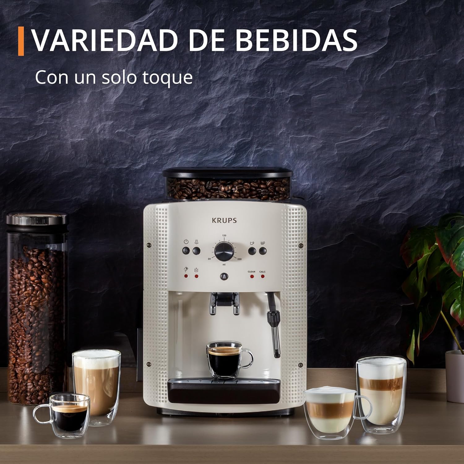 Roma - Cafetera superautomática 15 bares de presión, 3 niveles intensidad café, cantidad ajustable 20 a 220ml, limpieza y descalcificación automático, molinillo integrado EA8105