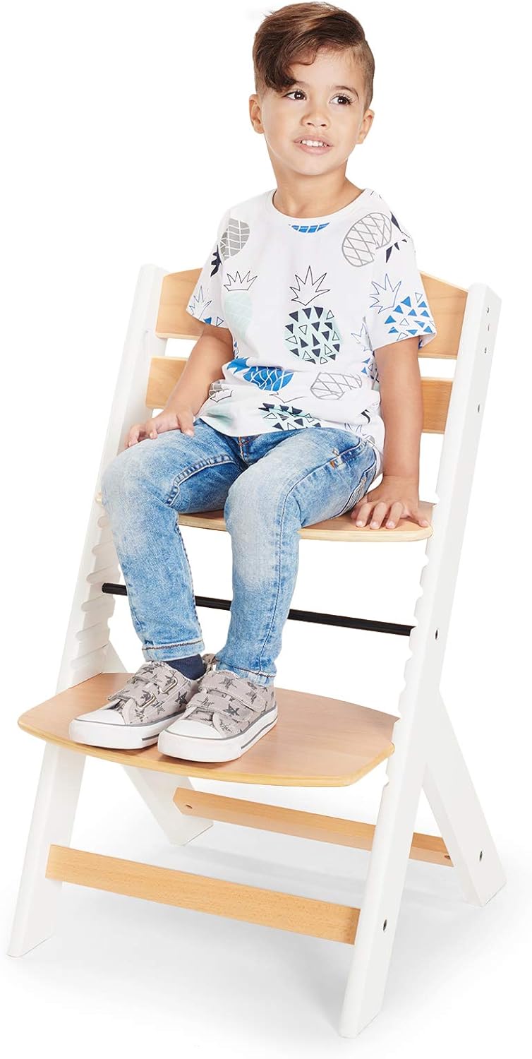 Kinderkraft ENOCK Trona bebé de Madera + Hamaca Bebé CALMEE, portatil, para niños, Silla alta Infantil, Evolutiva, Ergonómica, Barrera y Bandeja, Gris