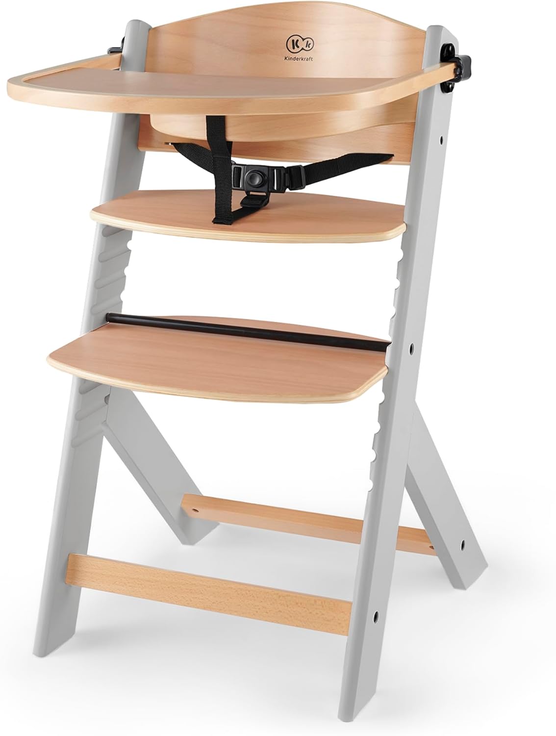 Kinderkraft ENOCK Trona bebé de Madera + Hamaca Bebé CALMEE, portatil, para niños, Silla alta Infantil, Evolutiva, Ergonómica, Barrera y Bandeja, Gris