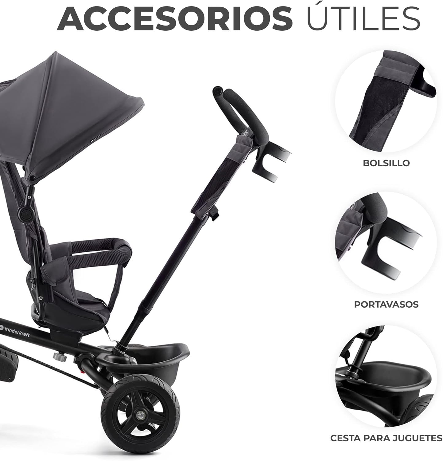Kinderkraft AVEO Triciclo Bebé, Plegable, Trike, Bicicleta para Niños, Triciclo Evolutivo, Triciclo Sin Pedales, Bicicleta Bebe, Con Accesorios Práctico, Dos Cestas, 9 Meses a 25 kg, Rosa