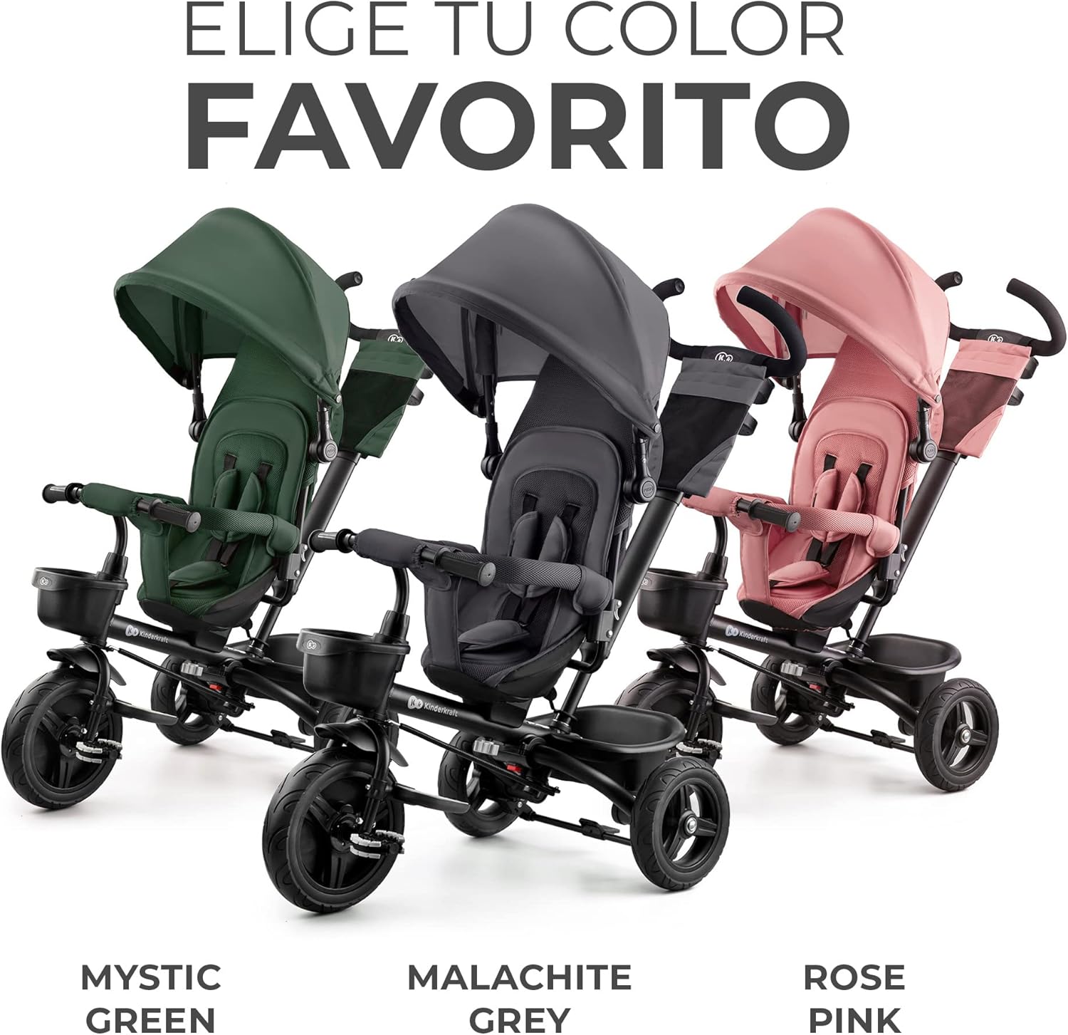 Kinderkraft AVEO Triciclo Bebé, Plegable, Trike, Bicicleta para Niños, Triciclo Evolutivo, Triciclo Sin Pedales, Bicicleta Bebe, Con Accesorios Práctico, Dos Cestas, 9 Meses a 25 kg, Rosa