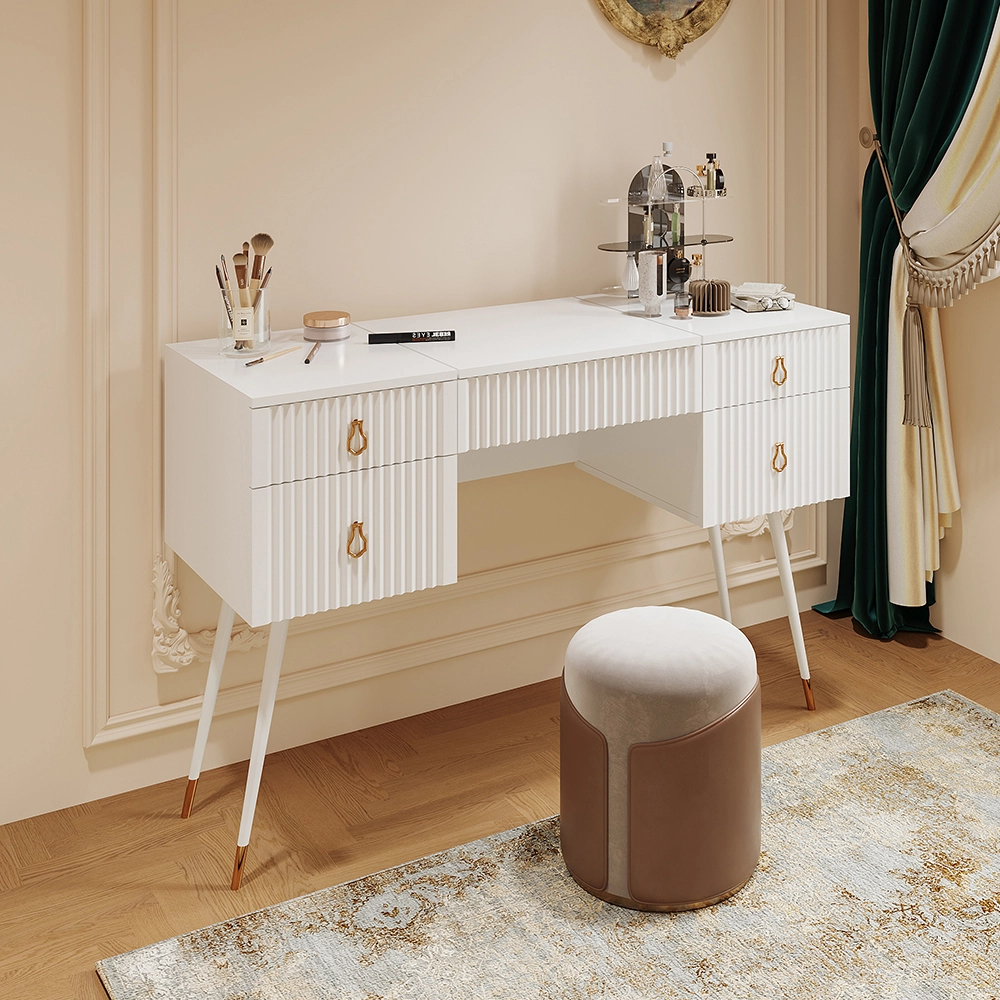 Cómoda blanca (sin silla), espejo LED de brillo ajustable, accesorios dorados de lujo, con 4 cajones