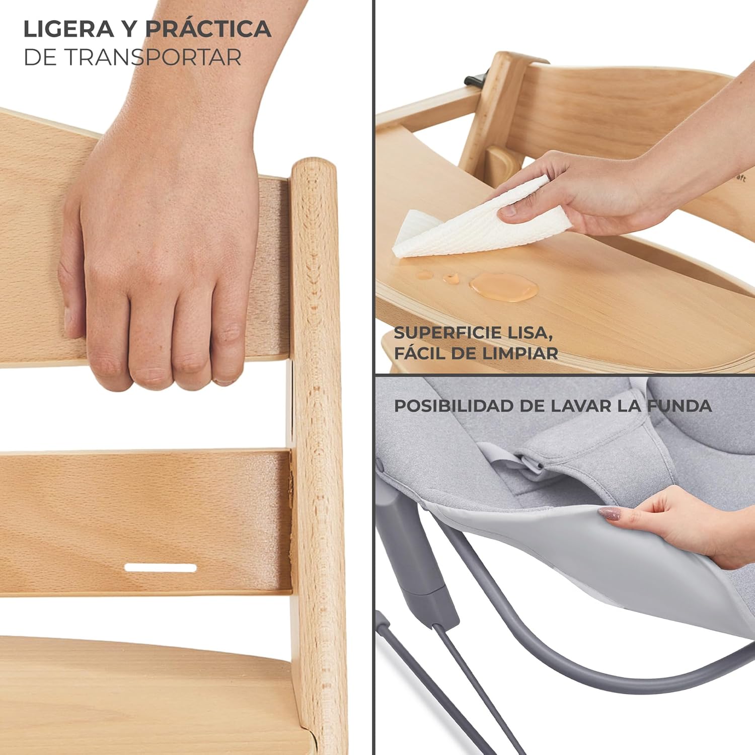 Kinderkraft ENOCK Trona bebé de Madera + Hamaca Bebé CALMEE, portatil, para niños, Silla alta Infantil, Evolutiva, Ergonómica, Barrera y Bandeja, Gris