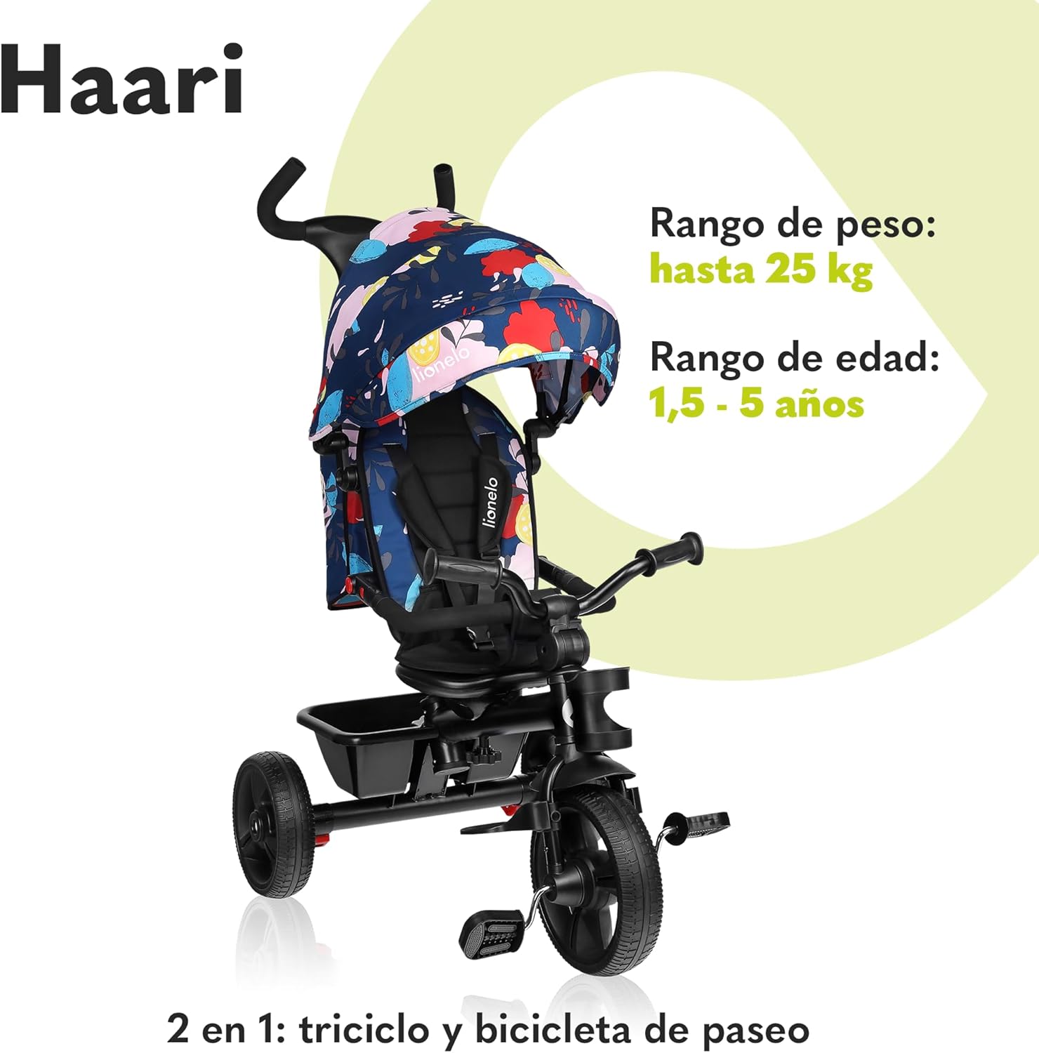 LIONELO Haari Bicicleta 2 en 1 Menores hasta 25 kg 1,5-5 años Triciclo- Carrito Cesta espaciosa, Bolsa y portavasos Cinturones de 3 Puntos con Fundas Toldo Reposapiés Gris