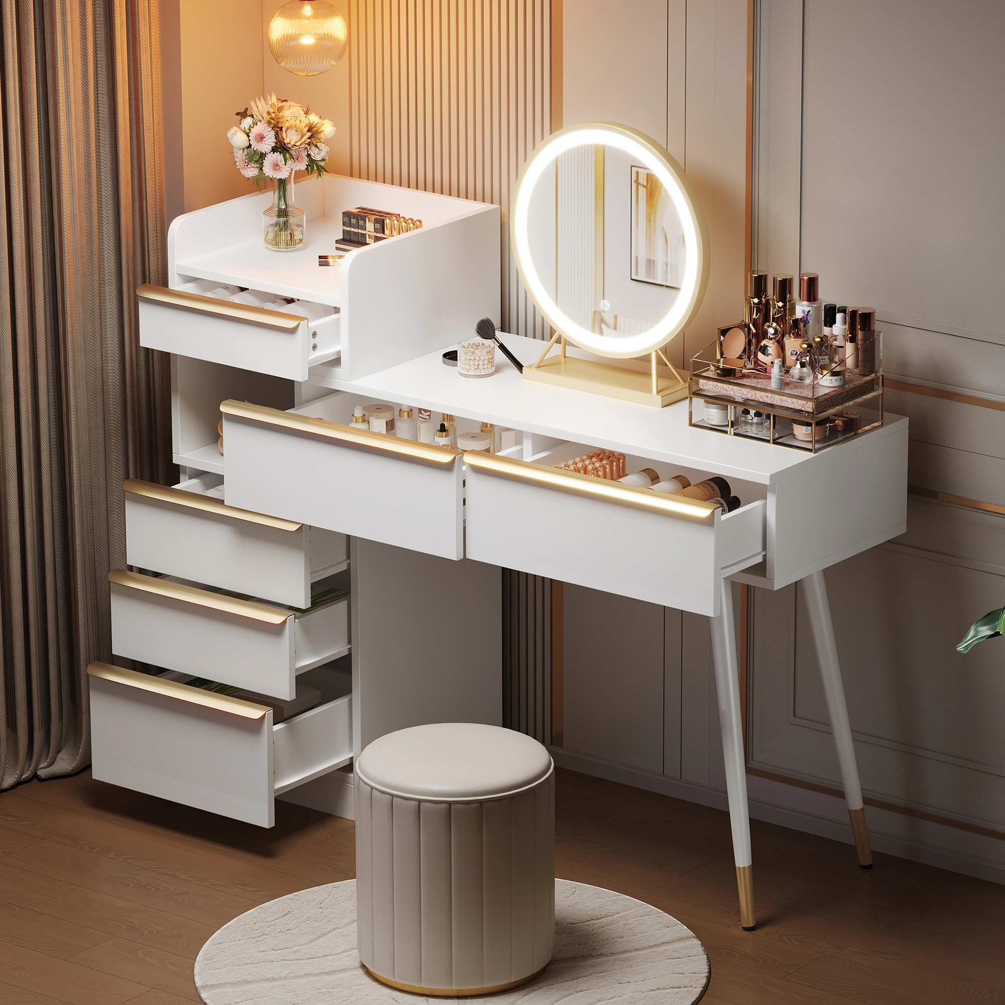Tocador con espejo LED - 6 amplios cajones + mueble auxiliar - 100 x 41,5 x 102 cm - Tablero de partículas - Blanco
