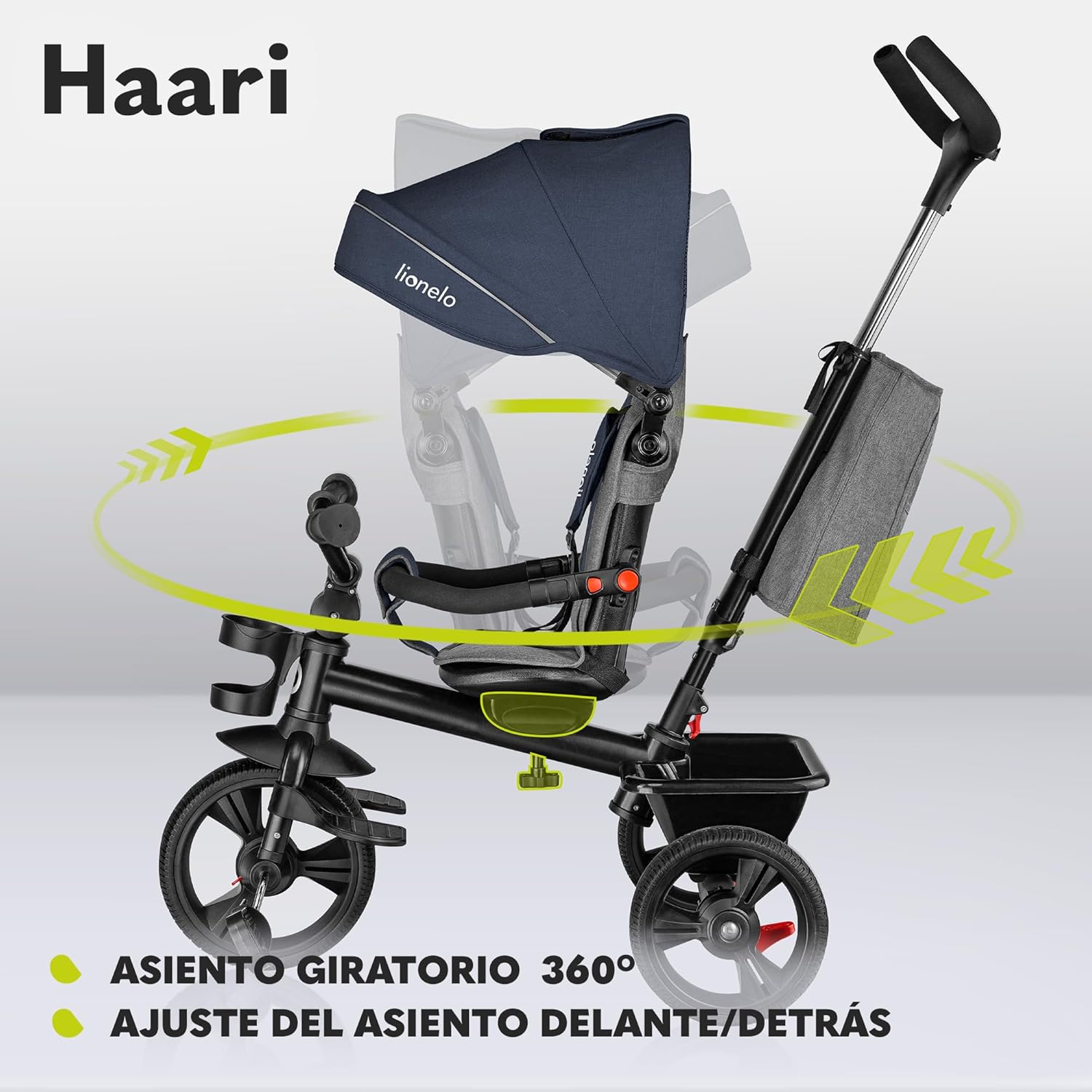 LIONELO Haari Bicicleta 2 en 1 Menores hasta 25 kg 1,5-5 años Triciclo- Carrito Cesta espaciosa, Bolsa y portavasos Cinturones de 3 Puntos con Fundas Toldo Reposapiés Gris