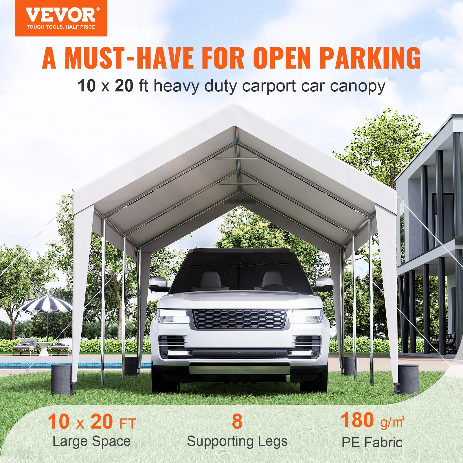 VEVOR Toldo para Cochera 3x6 m Refugio para Garaje Exterior con 8 Postes Reforzados y 4 Bolsas con Peso, Resistente a los Rayos UV, Impermeable, Refug