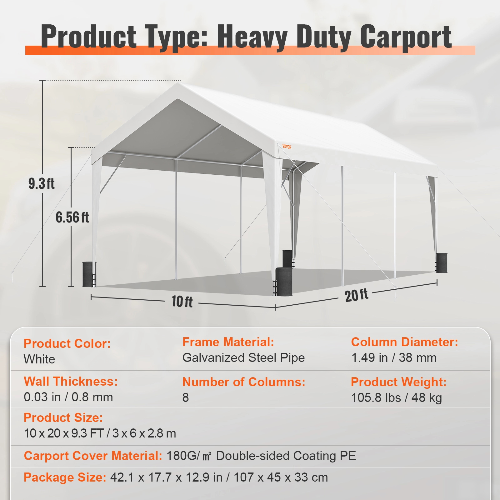 VEVOR Toldo para Cochera 3x6 m Refugio para Garaje Exterior con 8 Postes Reforzados y 4 Bolsas con Peso, Resistente a los Rayos UV, Impermeable, Refug