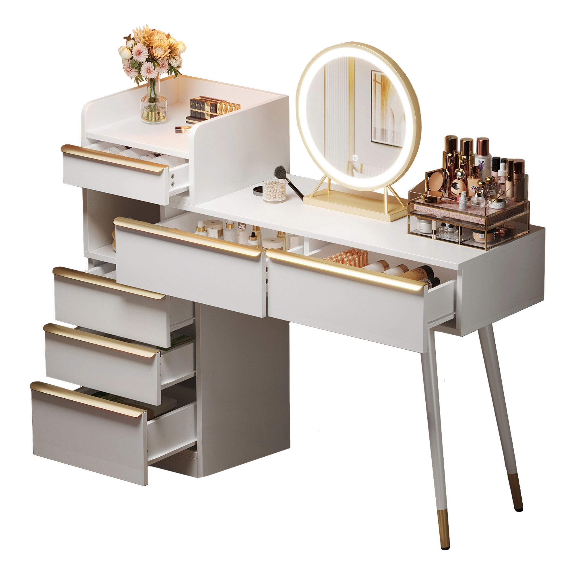 Tocador con espejo LED - 6 amplios cajones + mueble auxiliar - 100 x 41,5 x 102 cm - Tablero de partículas - Blanco