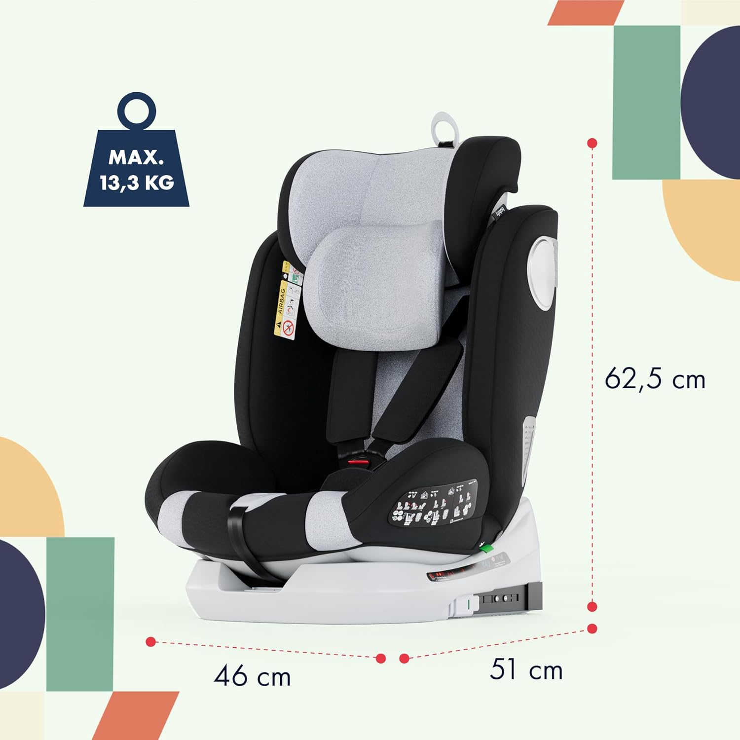 Babify Onboard Silla de Coche Isofix para Bebés y Niños, 0 Meses - 12 Años, Apta Desde 40-150 cm, Ajustable 360º, Asiento Portátil y Seguro i-Size ECE R129 - Black edition