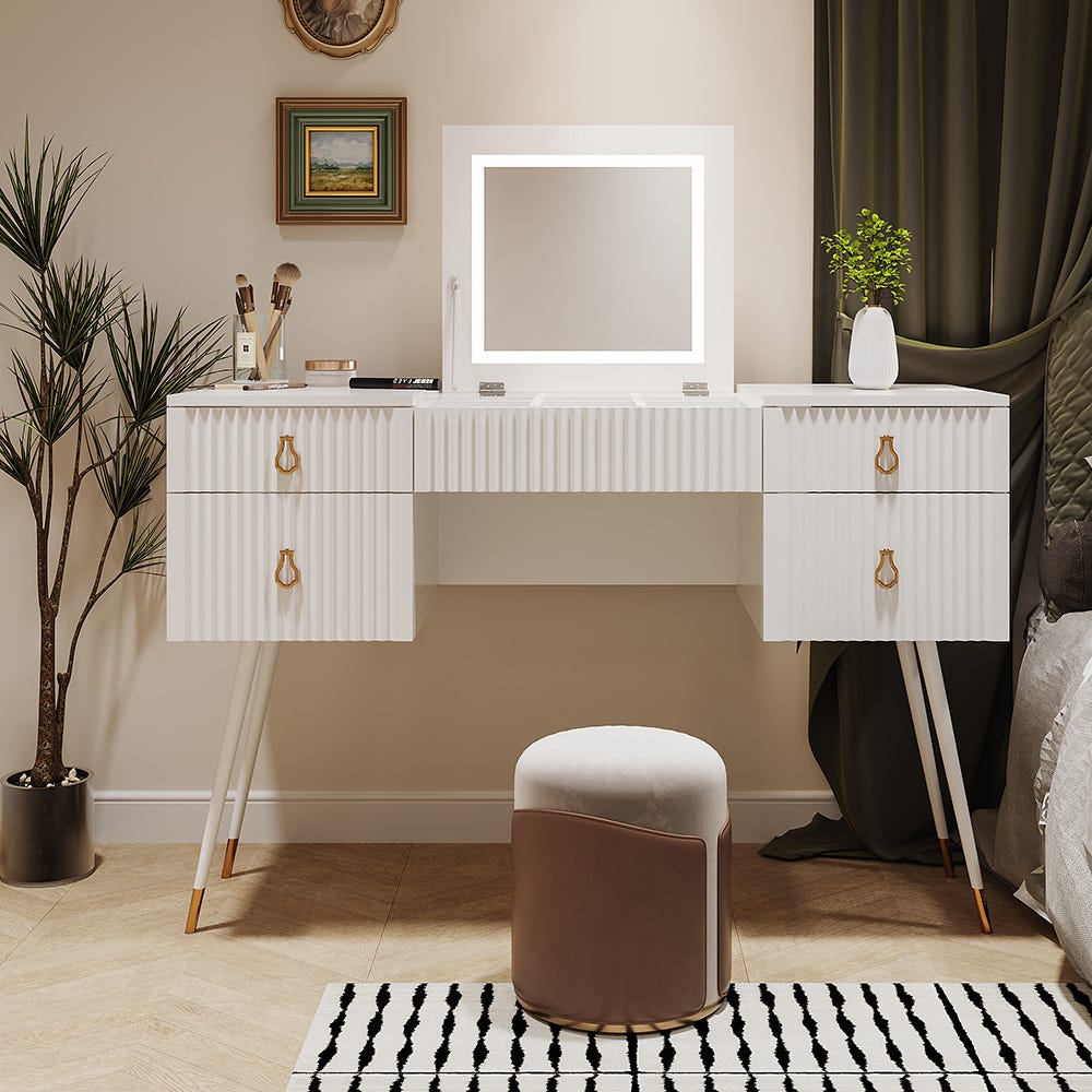 Cómoda blanca (sin silla), espejo LED de brillo ajustable, accesorios dorados de lujo, con 4 cajones