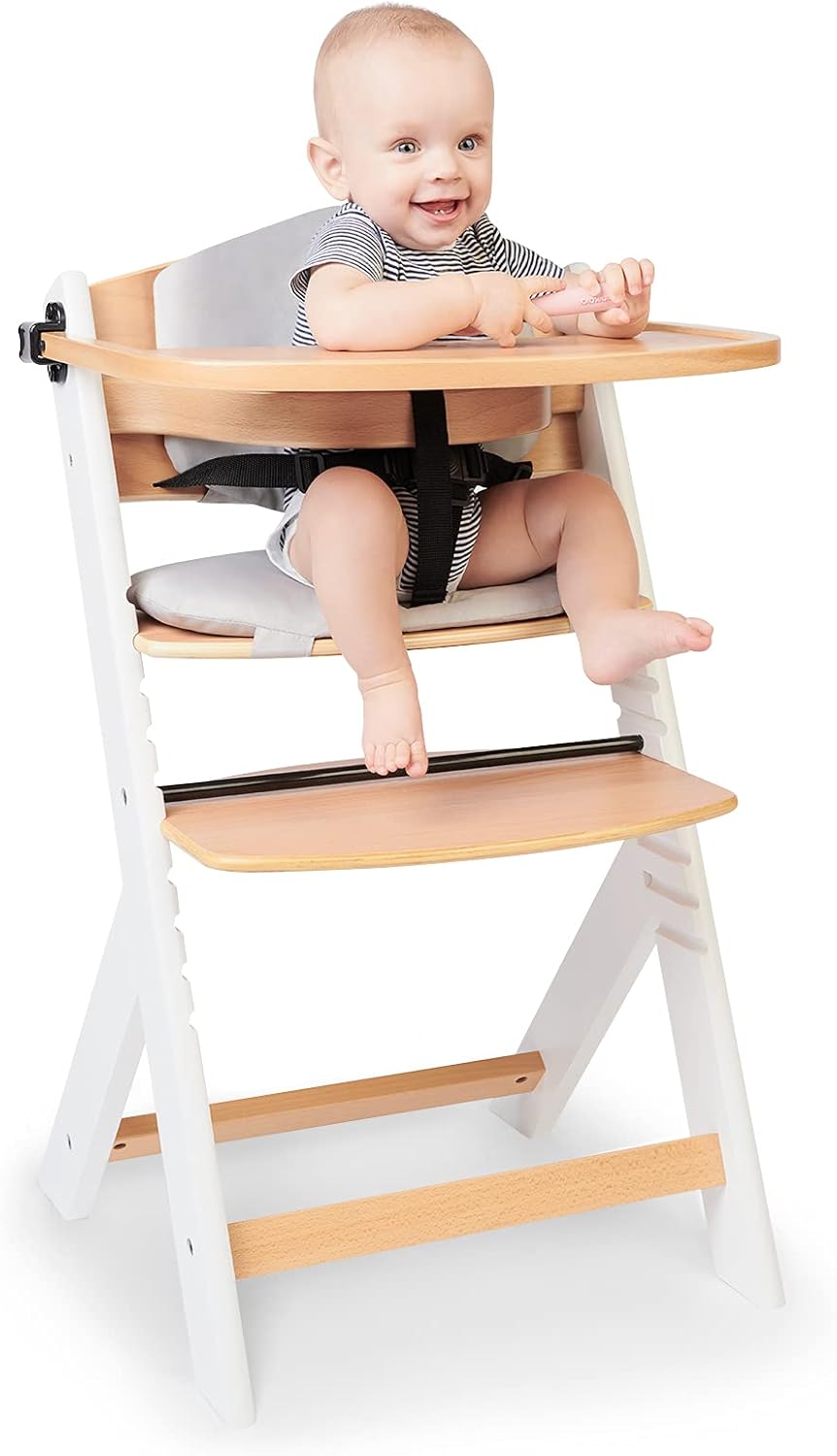 Kinderkraft ENOCK Trona bebé de Madera + Hamaca Bebé CALMEE, portatil, para niños, Silla alta Infantil, Evolutiva, Ergonómica, Barrera y Bandeja, Gris