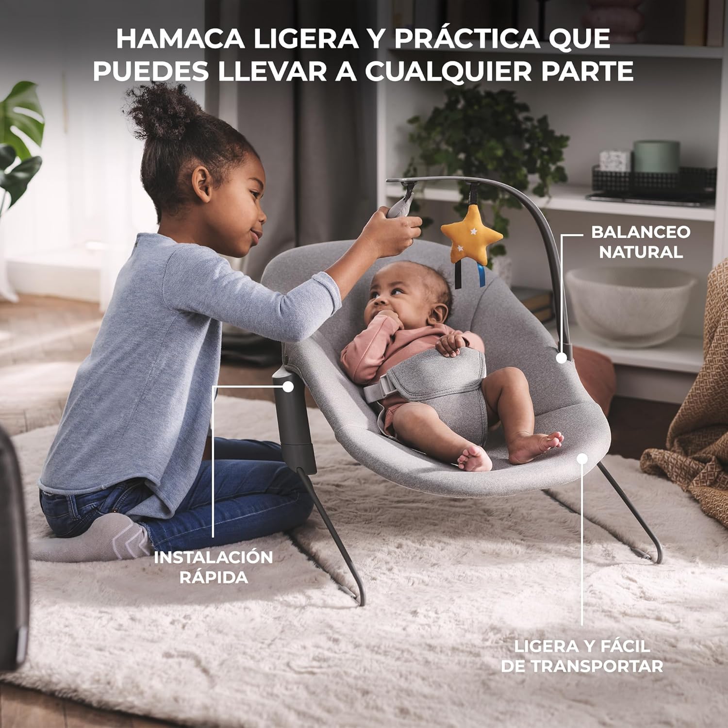 Kinderkraft ENOCK Trona bebé de Madera + Hamaca Bebé CALMEE, portatil, para niños, Silla alta Infantil, Evolutiva, Ergonómica, Barrera y Bandeja, Gris