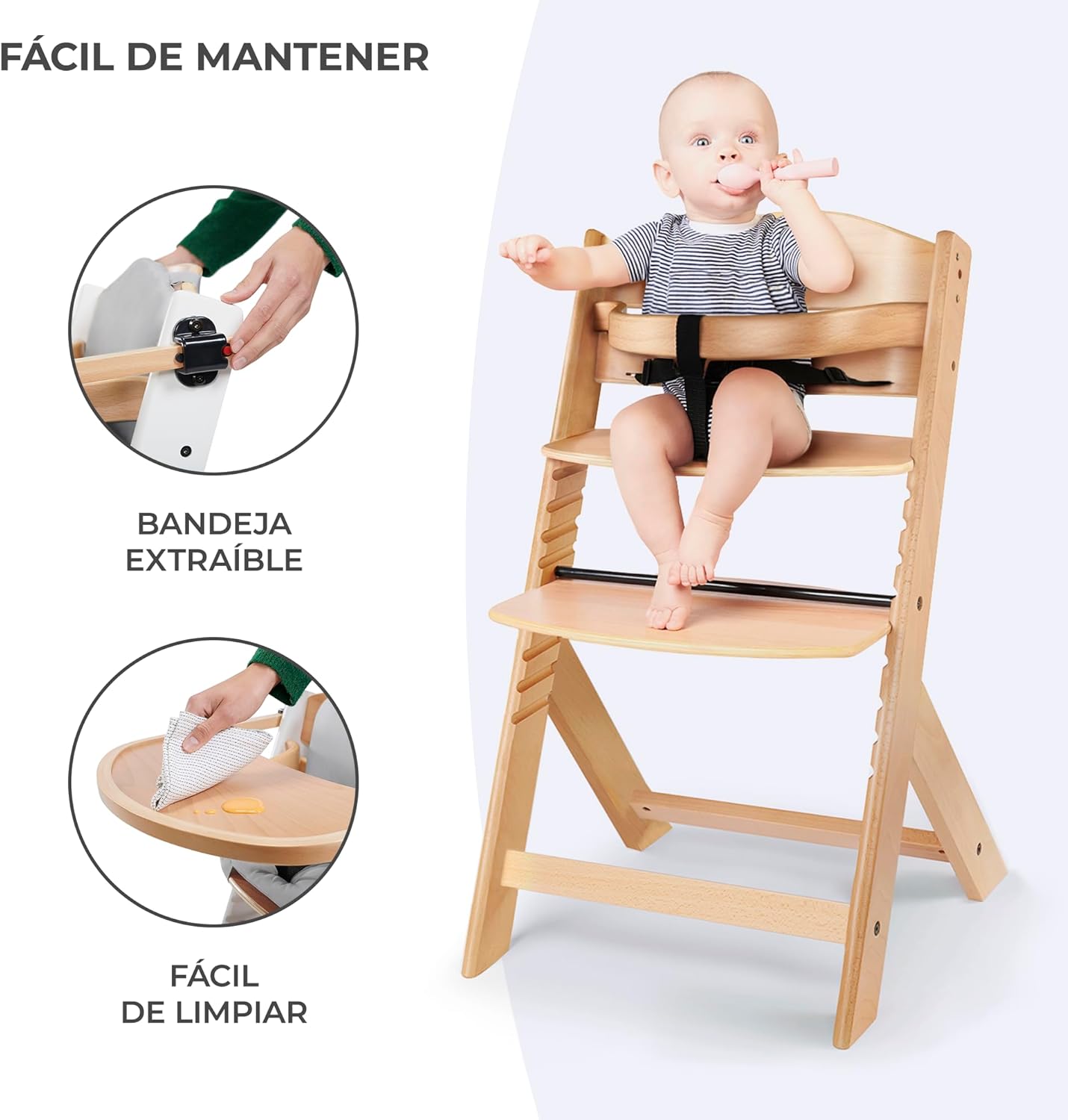Kinderkraft ENOCK Trona bebé de Madera + Hamaca Bebé CALMEE, portatil, para niños, Silla alta Infantil, Evolutiva, Ergonómica, Barrera y Bandeja, Gris