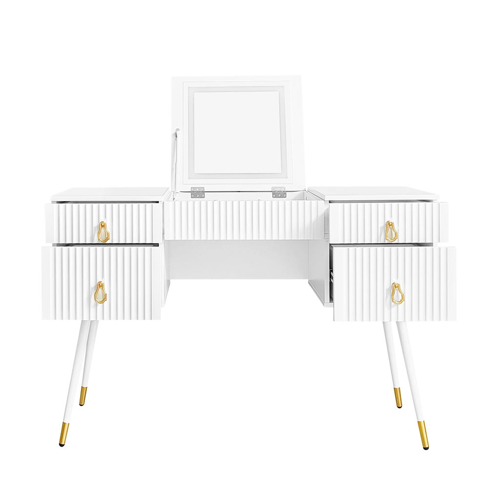Cómoda blanca (sin silla), espejo LED de brillo ajustable, accesorios dorados de lujo, con 4 cajones