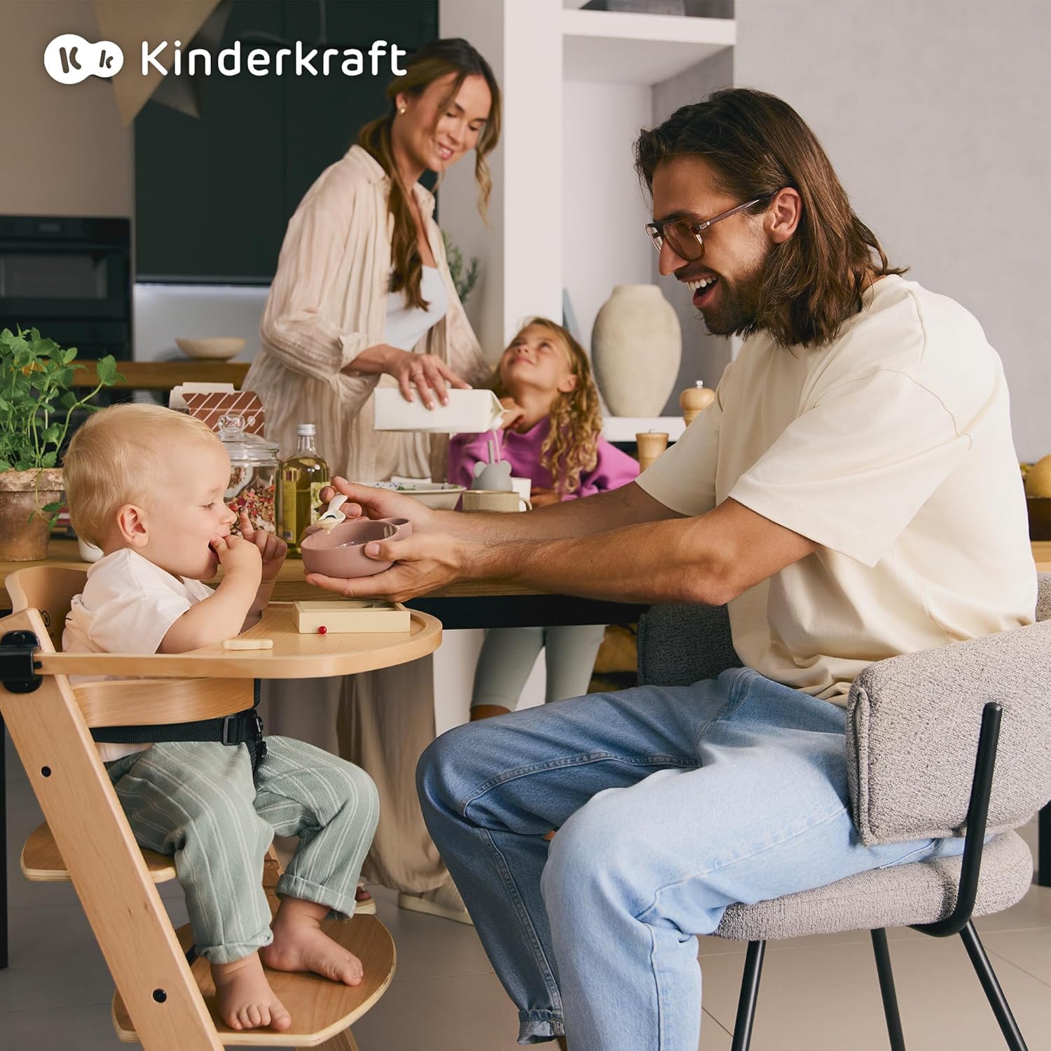 Kinderkraft ENOCK Trona bebé de Madera + Hamaca Bebé CALMEE, portatil, para niños, Silla alta Infantil, Evolutiva, Ergonómica, Barrera y Bandeja, Gris