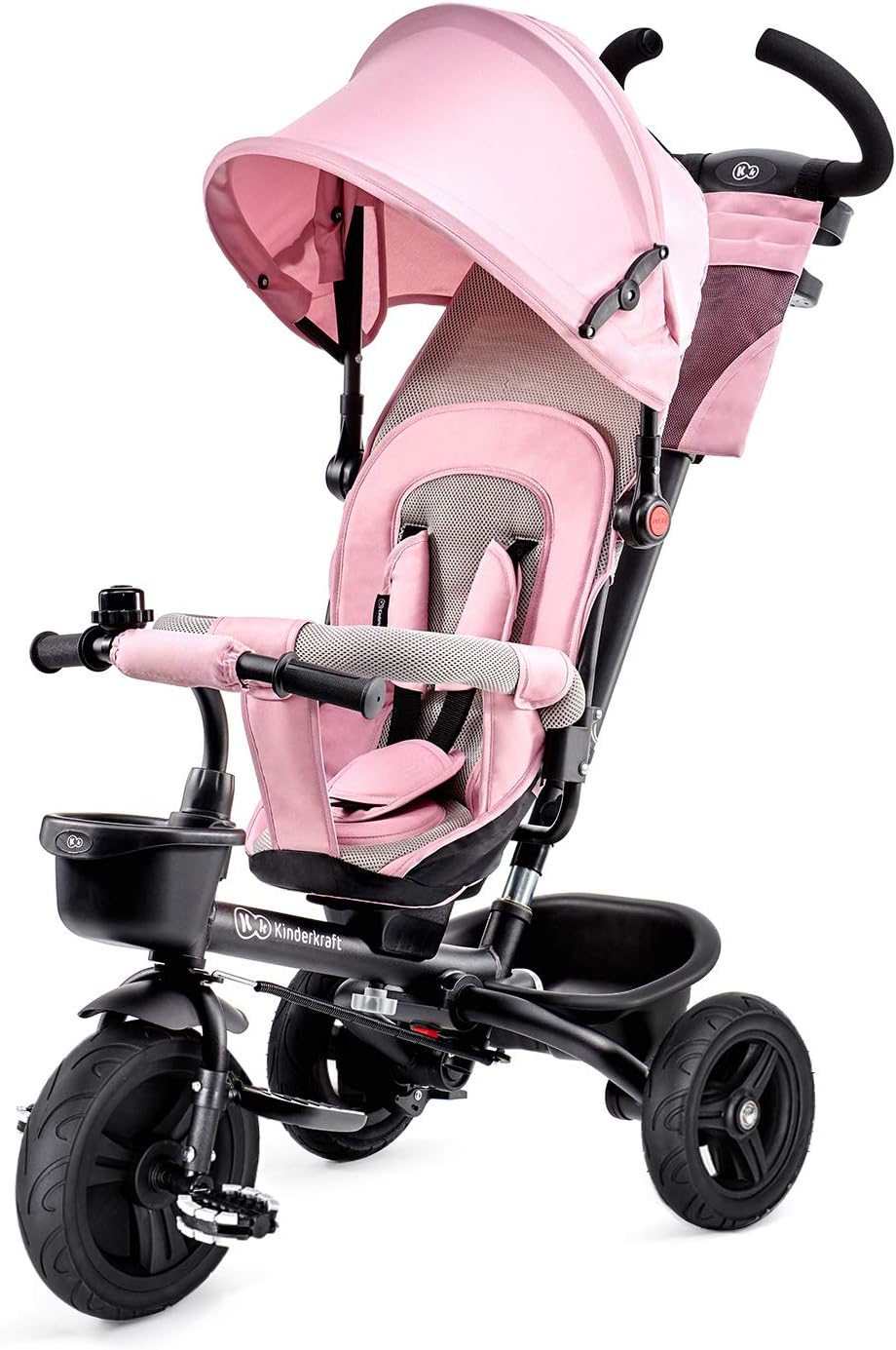 Kinderkraft AVEO Triciclo Bebé, Plegable, Trike, Bicicleta para Niños, Triciclo Evolutivo, Triciclo Sin Pedales, Bicicleta Bebe, Con Accesorios Práctico, Dos Cestas, 9 Meses a 25 kg, Rosa