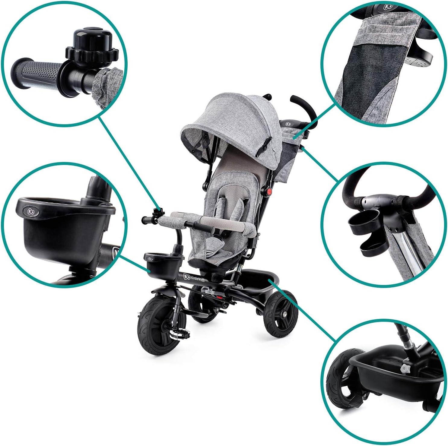 Kinderkraft AVEO Triciclo Bebé, Plegable, Trike, Bicicleta para Niños, Triciclo Evolutivo, Triciclo Sin Pedales, Bicicleta Bebe, Con Accesorios Práctico, Dos Cestas, 9 Meses a 25 kg, Rosa