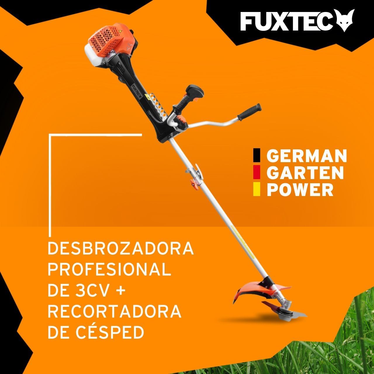 FUXTEC Desbrozadora profesional de gasolina de 62 cc, 3,5 CV, Multiherramienta 2en1, con correa para el hombro, sistema antivibratorio recortadora multifunción Motor 2 tiempos