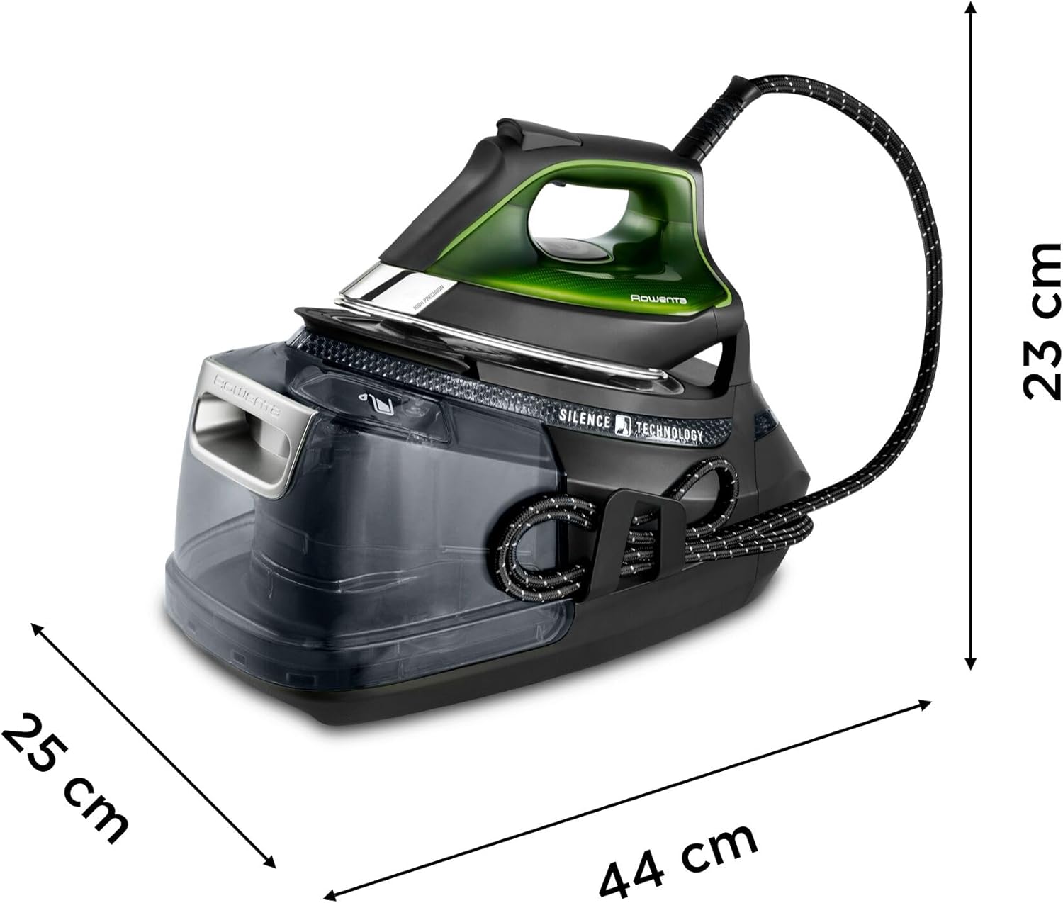 Silence Pro -Centro de planchado, autonomía ilimitada, 8 bares, golpe vapor 600 g/min, suela Microsteam, función ECO y depósito cal, 1.3 litros, Color Negro Y Gris DG9248