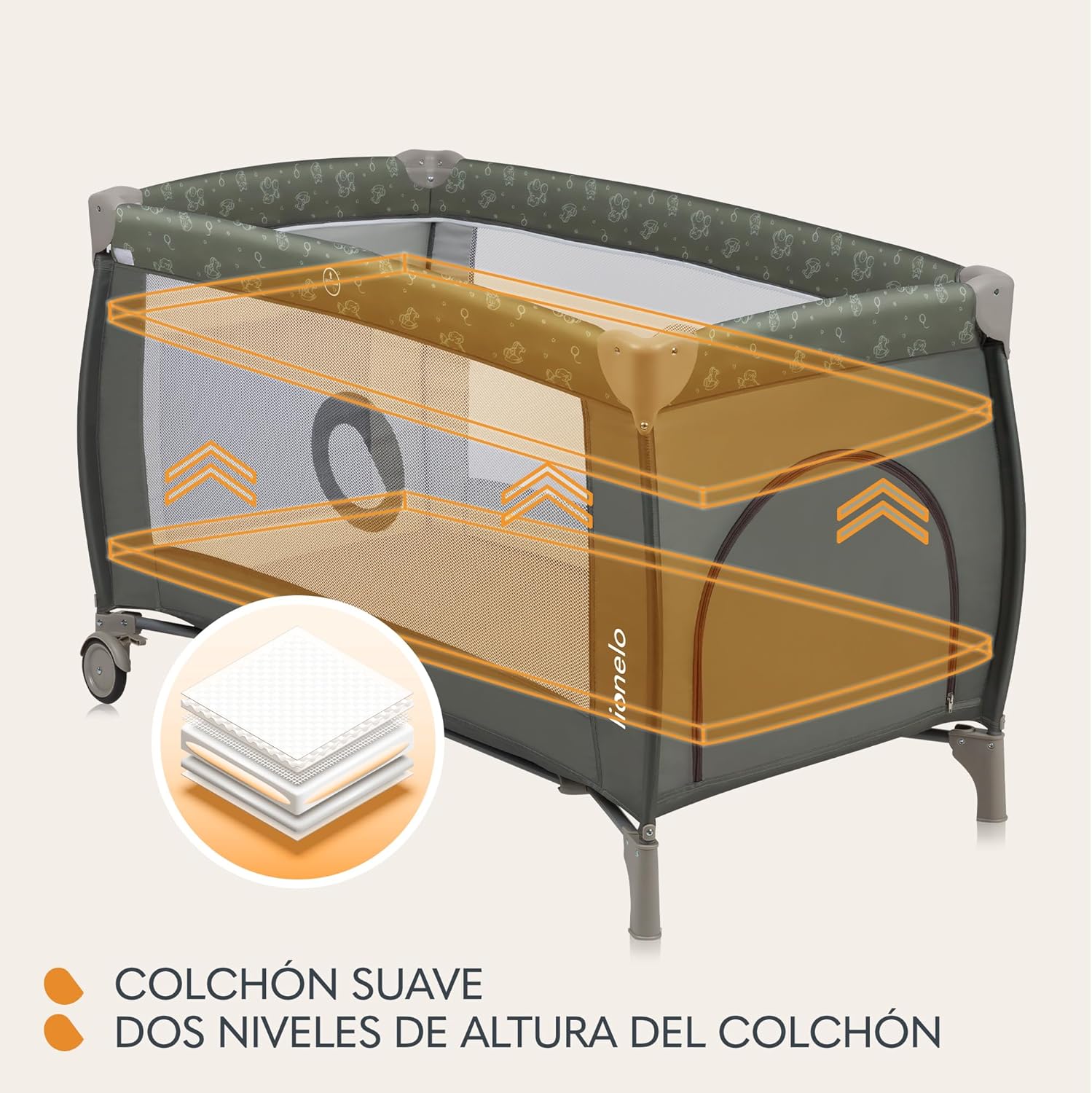 lionelo Sven Plus 2en1 Cuna de Viaje y Parque de bebés 0-36M para niños hasta 15 kg Función de Cambiador Mosquitero Apertura Lateral con Cremallera Ajuste de Altura Gris y Turquesa