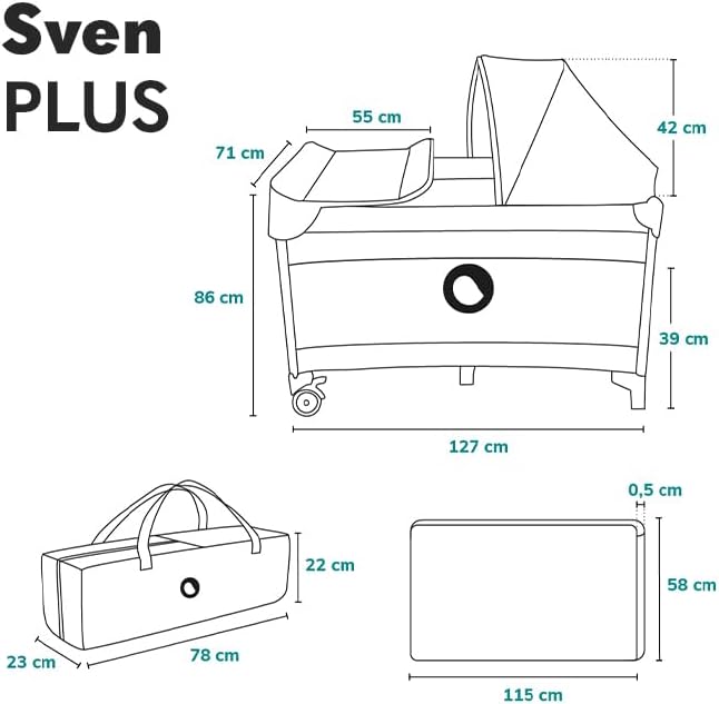 lionelo Sven Plus 2en1 Cuna de Viaje y Parque de bebés 0-36M para niños hasta 15 kg Función de Cambiador Mosquitero Apertura Lateral con Cremallera Ajuste de Altura Gris y Turquesa