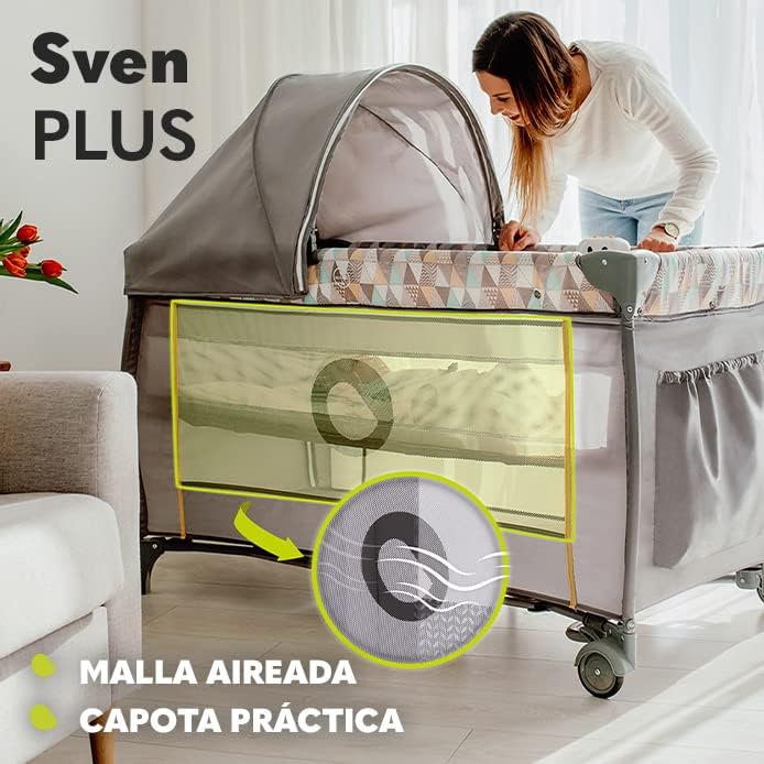 lionelo Sven Plus 2en1 Cuna de Viaje y Parque de bebés 0-36M para niños hasta 15 kg Función de Cambiador Mosquitero Apertura Lateral con Cremallera Ajuste de Altura Gris y Turquesa