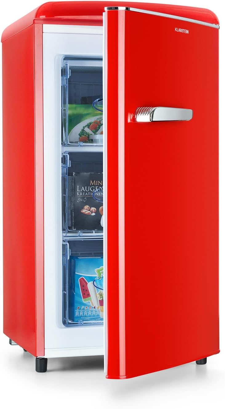 Klarstein Laika - Congelador, Termostato con 5 niveles, Temperaturas de 0 a -18 °C, 3 cajones extraíbles, CEE E, Capacidad de 60 L, Rojo