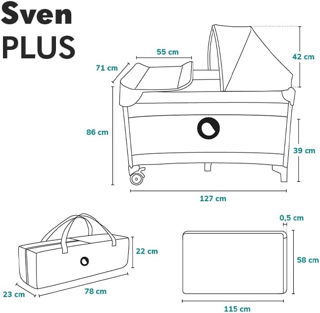 lionelo Sven Plus 2en1 Cuna de Viaje y Parque de bebés 0-36M para niños hasta 15 kg Función de Cambiador Mosquitero Apertura Lateral con Cremallera Ajuste de Altura Gris y Turquesa