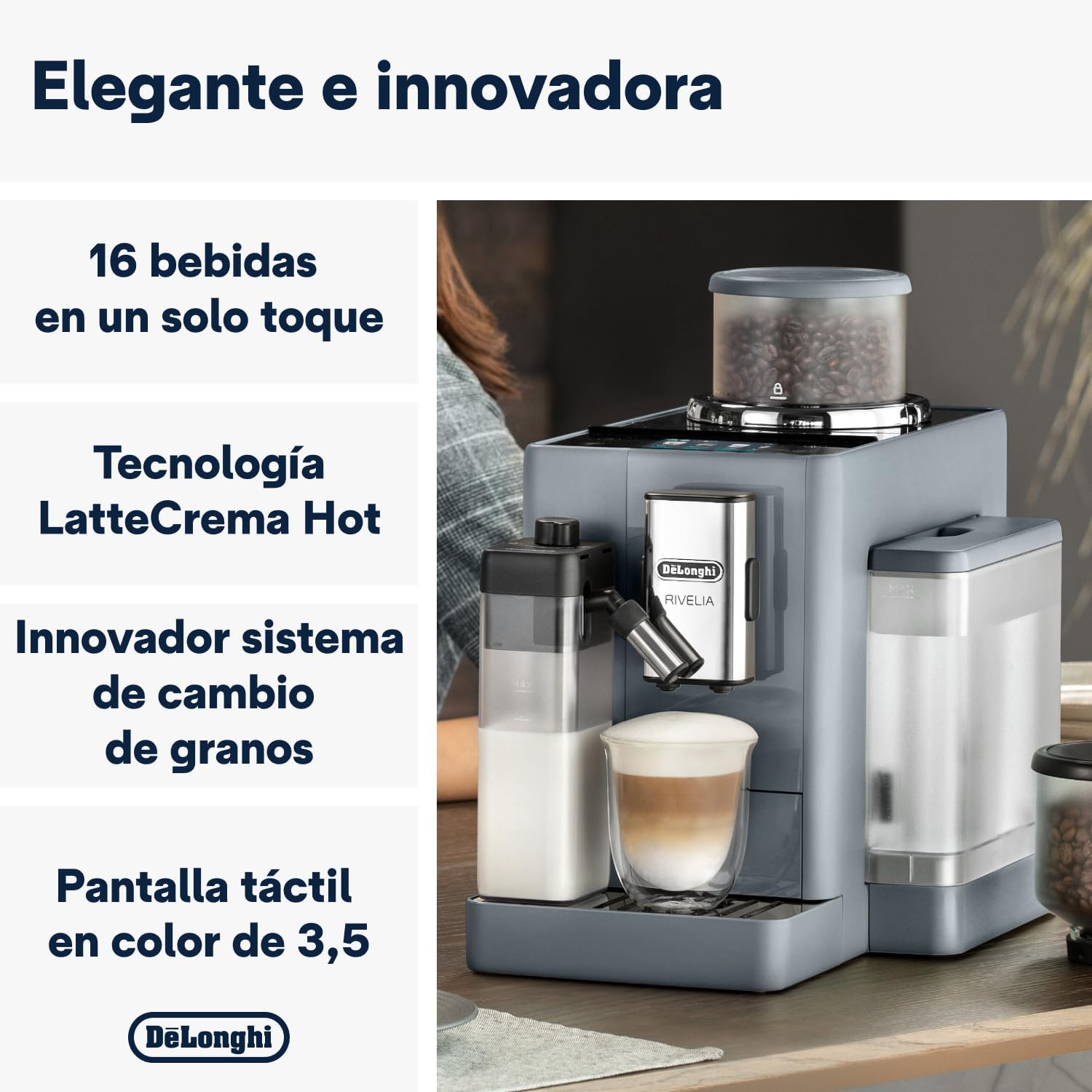 De'Longhi Rivelia EXAM440.55.G, Cafetera Superautomática con LatteCrema Hot, Espumador de Leche Automático, Tamaño Compacto, 16 Recetas, Pantalla Táctil a Color, Gris