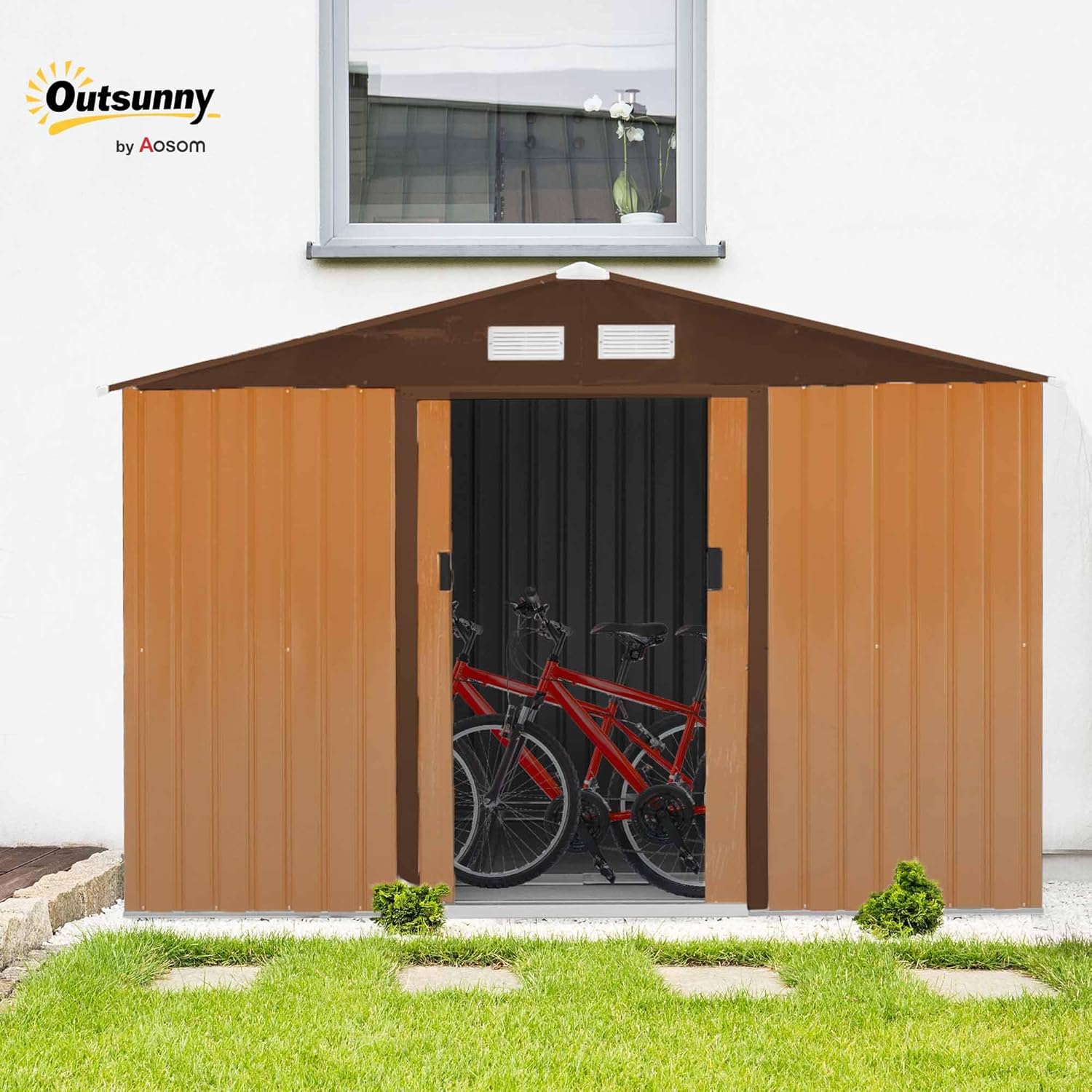 Outsunny Caseta de Jardín Exterior 4,9 m² 277x195x192 cm Cobertizo de Jardín Exterior con Puerta Corredera Techo Inclinado Base Refuerzo (Suelo NO Incluido) y 4 Ventanas Amarillo