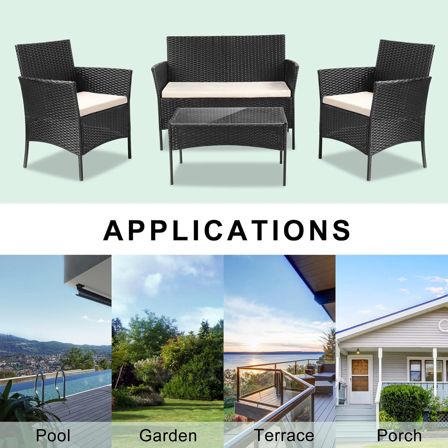 bigzzia. Juego de Muebles de jardín de ratán, 4 Piezas, Muebles de Mimbre para Patio, 2 sillones, 1 sofá de Dos Lugares y 1 Mesa (Negro)